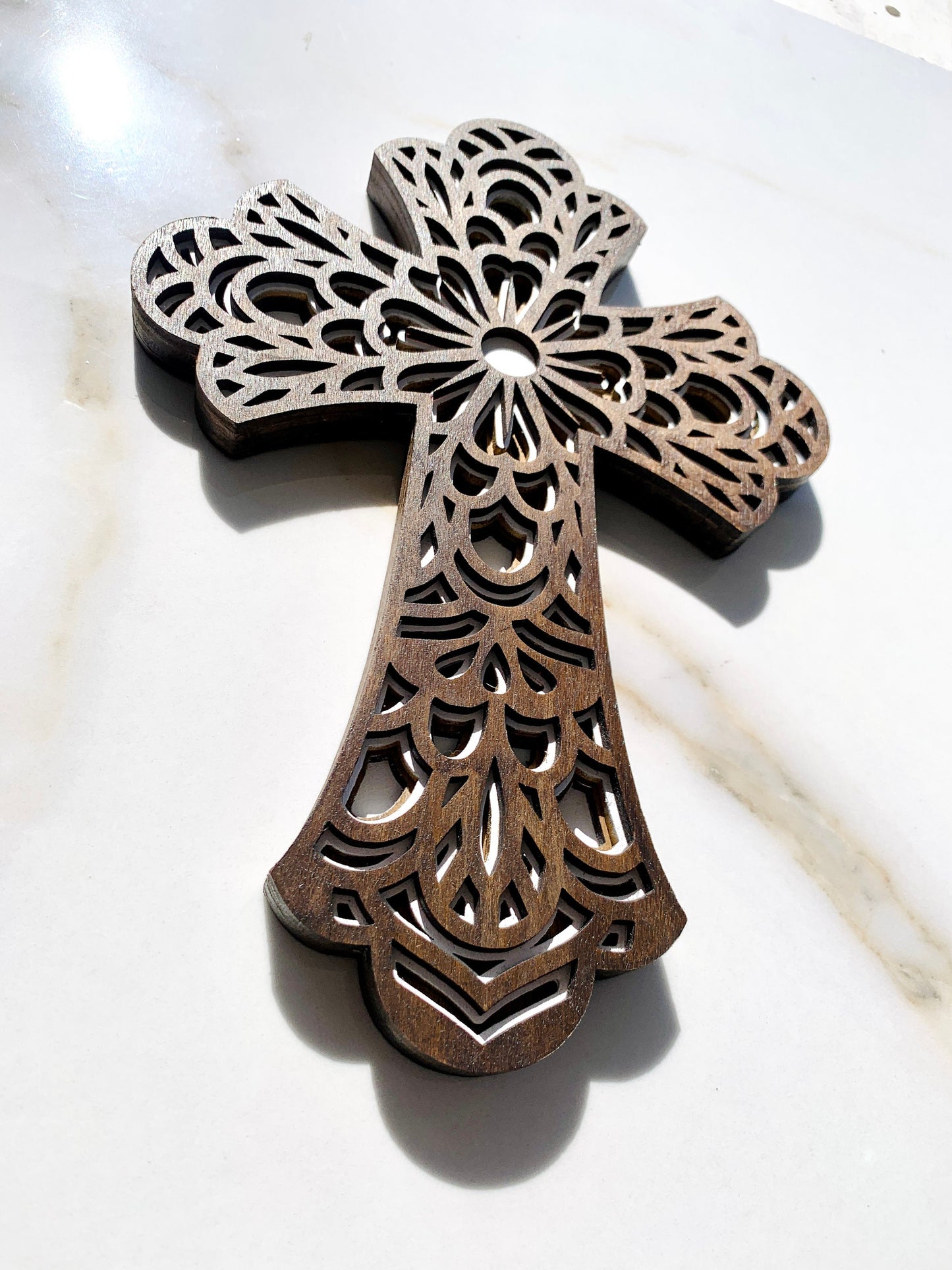 Large Wood Wall Cross 3D Layered Mandala Cross Religious Spiritual Cross Crucifix Rustic Wood Cross Christian Cross Home Decor Easter Gift