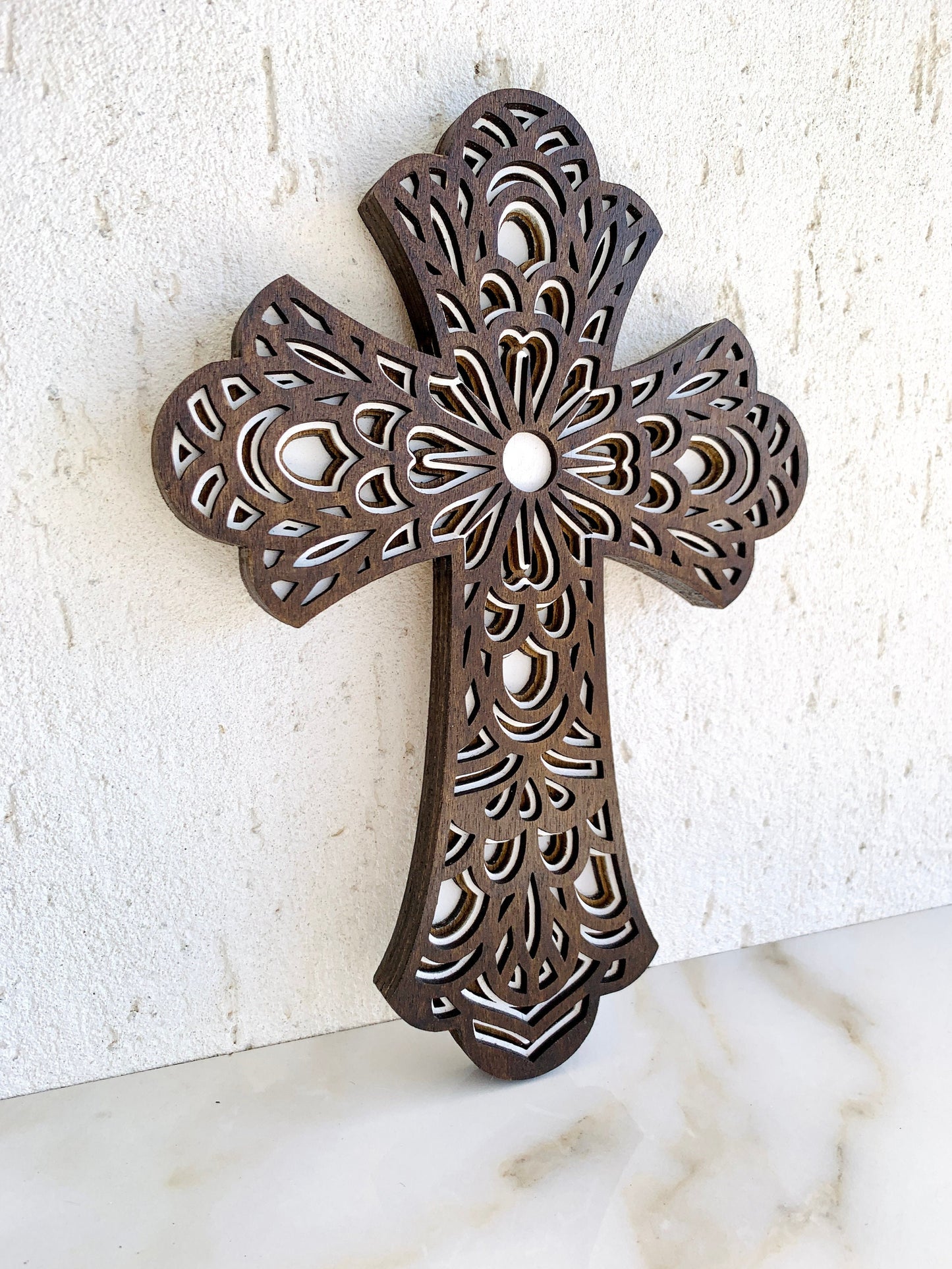 Wood Wall Cross 3D Layered Mandala Large Cross Religious Spiritual Cross Crucifix Rustic Wood Cross Christian Cross Home Decor Easter Gift