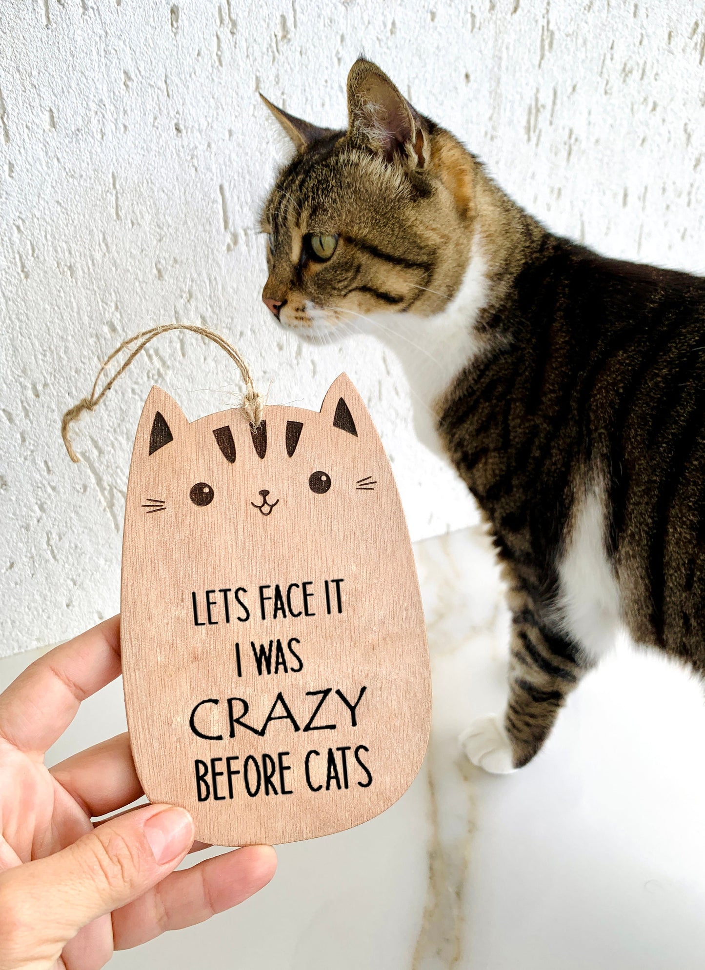 Crazy Cat Lady Gift Wood Plaque Sign Engraved &quot;Lets Face it I was Crazy Before Cats&quot; Custom Message Door Sign Farm House Gift for Cat Lovers Funny Cat Plaque Sign Wooden Laser Engraved