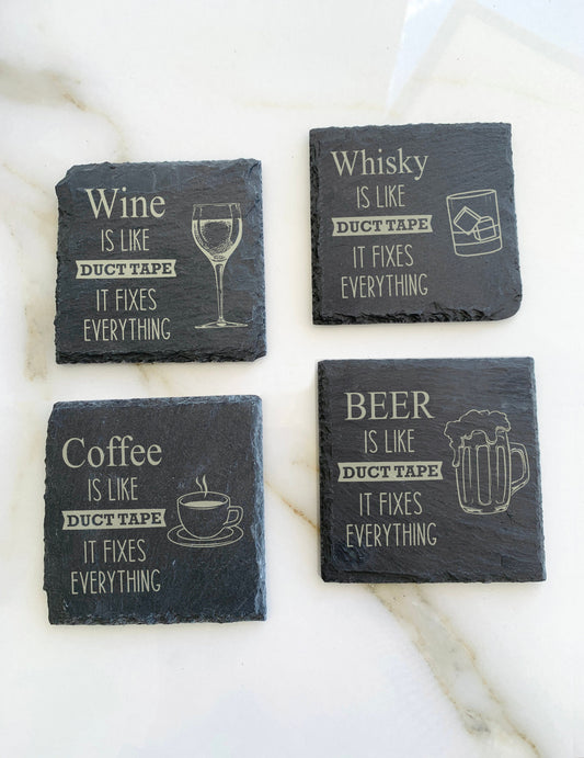 Slate Coasters Personalized Duct Tape Fixes Everything Wine Beer Whisky Vodka Coffee Engraved Stone Coasters Alcohol Funny Drinking Quotes