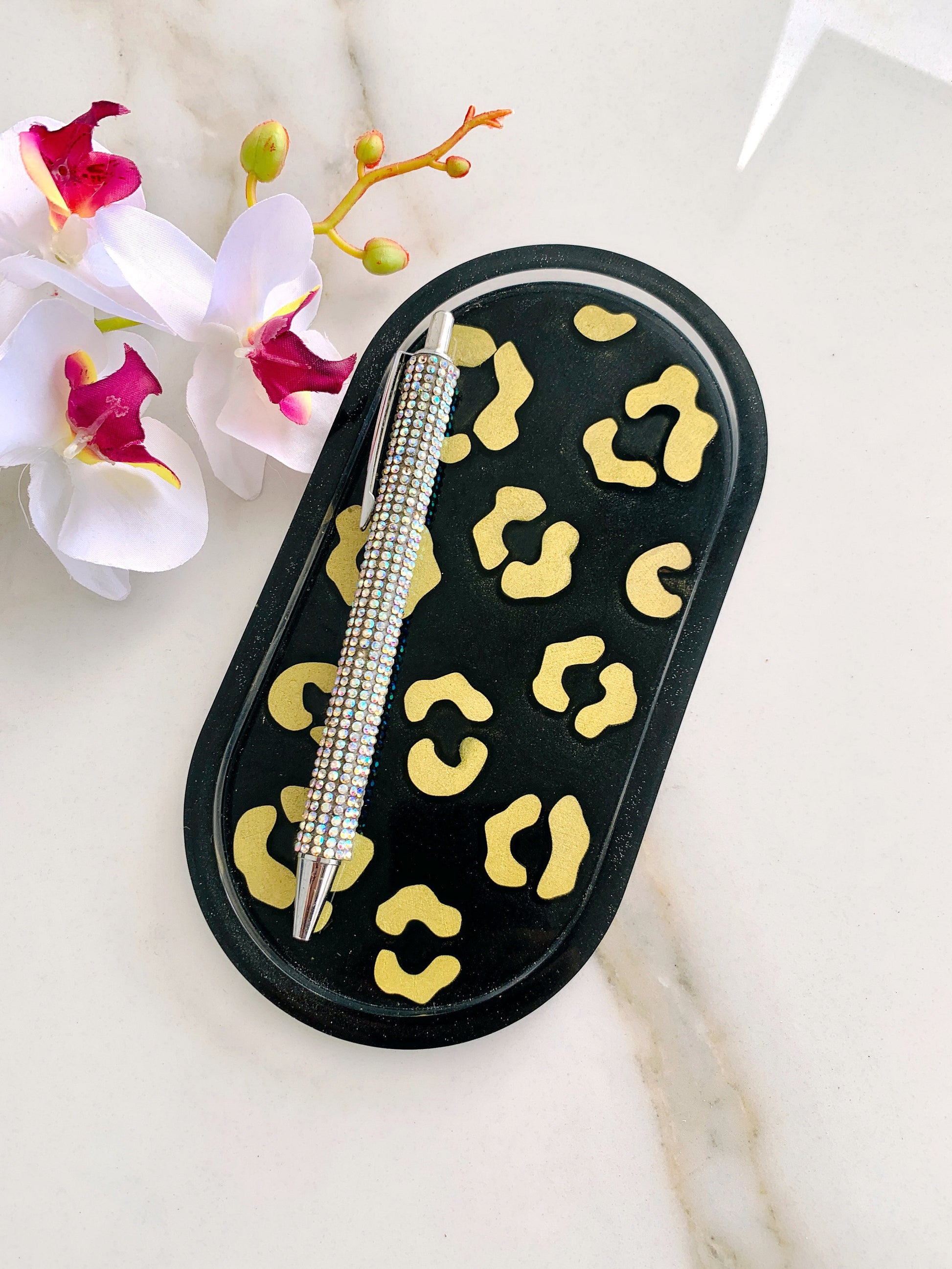 Black & Gold Resin Jewelry Dish, Leopard Animal Print Resin Trinket Tray, Resin Pen Holder Tray, Black Gold Resin Brush Holder, Decor Tray