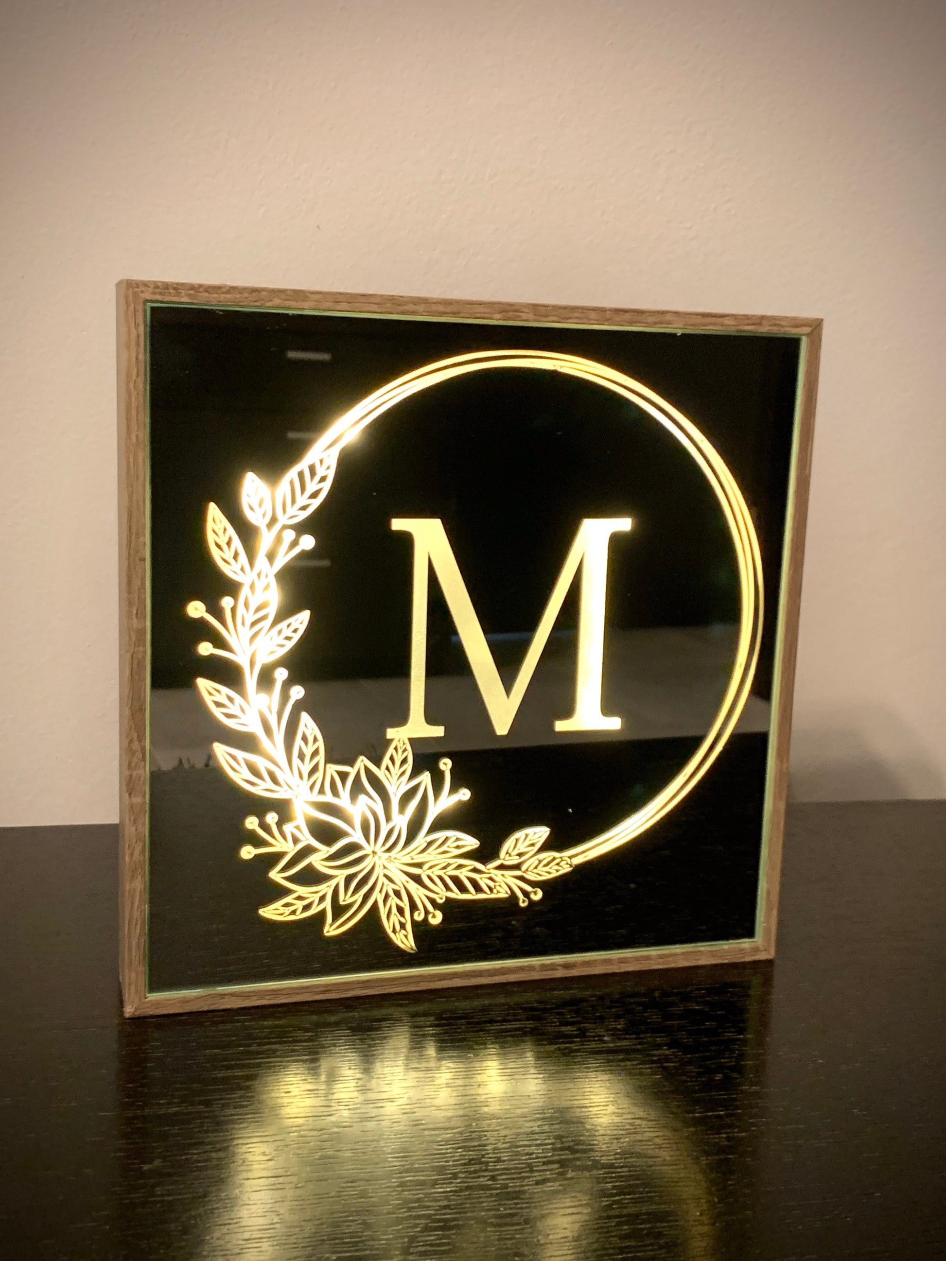 Etch Mirror Monogram Sign LED Mirror Names Initials Sign Framed Shadow Box Engraved Couples Plaque Valentines Wedding Newlyweds Gift