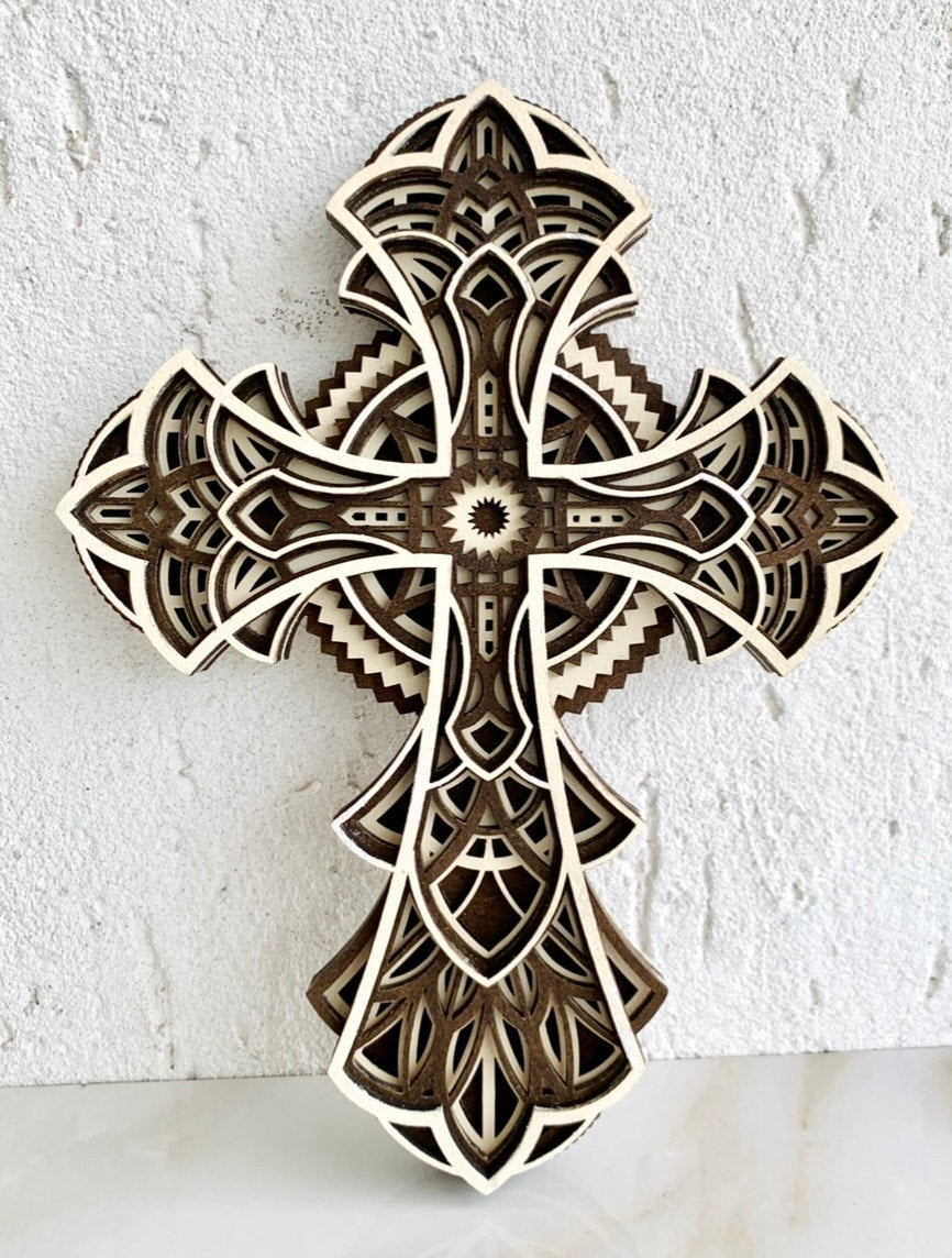 Wood Wall Cross for Home 3D Layered Mandala Large Cross Religious Spiritual Cross Crucifix Rustic Christian Cross Home Decor Easter Gift