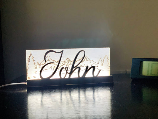 Name Wood Lamp Personalized Custom LED Nightlight Engraved Landscape Table Shade Lamp Mountains Theme Engraved Lamp Custom Message Gift