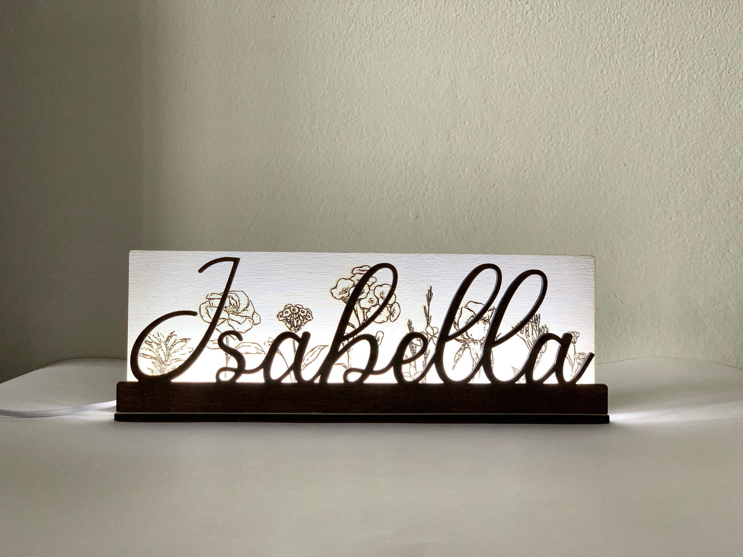 Name Light Wood Lamp Personalized Custom LED Lamp Floral Engraved Table Shade Lamp Flowers Theme Lamp Custom Message Nightlight Gift Sign Birthday Gift for Her Gift for Mom