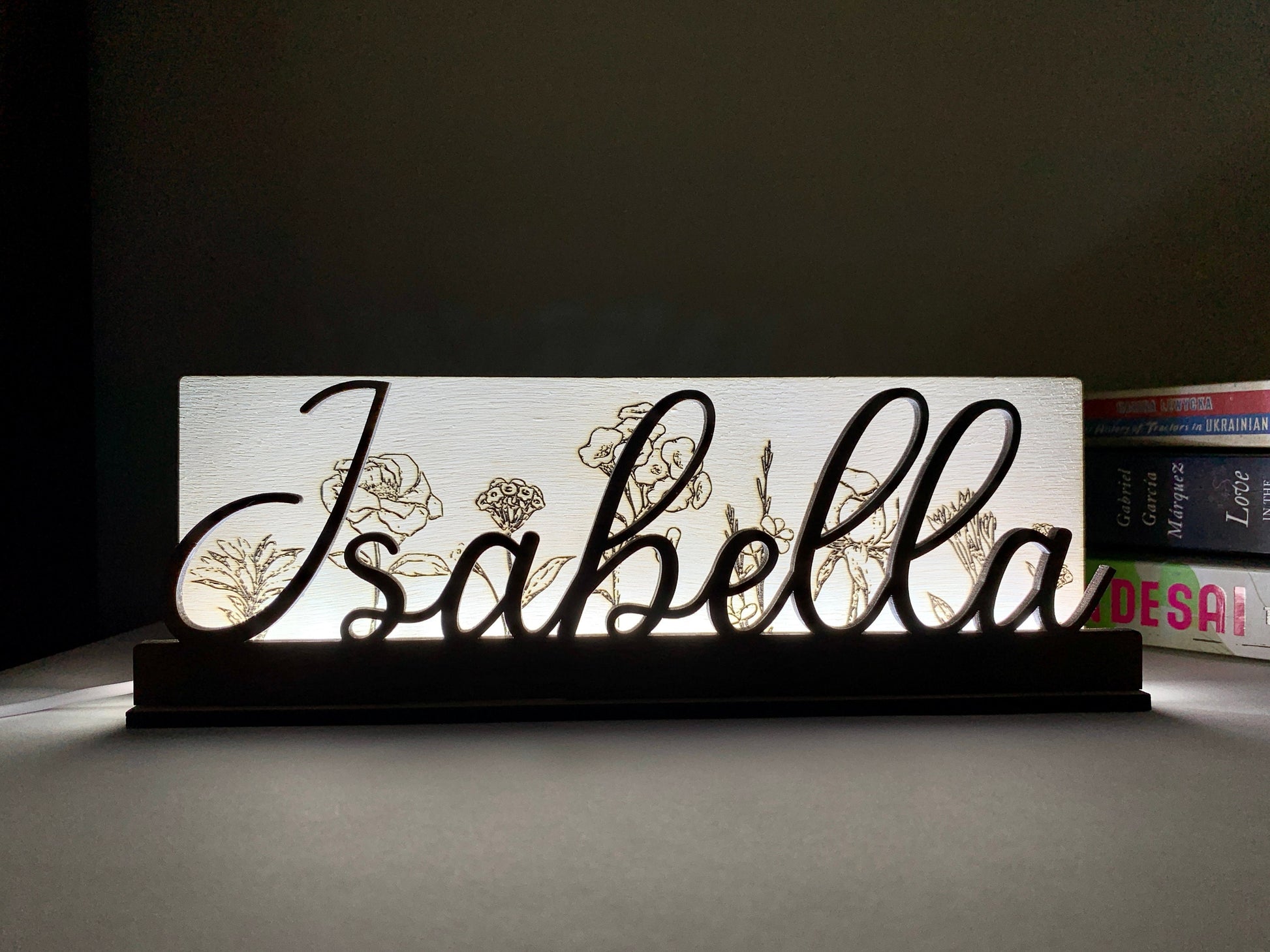 Name Light Wood Lamp Personalized Custom LED Lamp Floral Engraved Table Shade Lamp Flowers Theme Lamp Custom Message Nightlight Gift Sign Birthday Gift for Her Gift for Mom