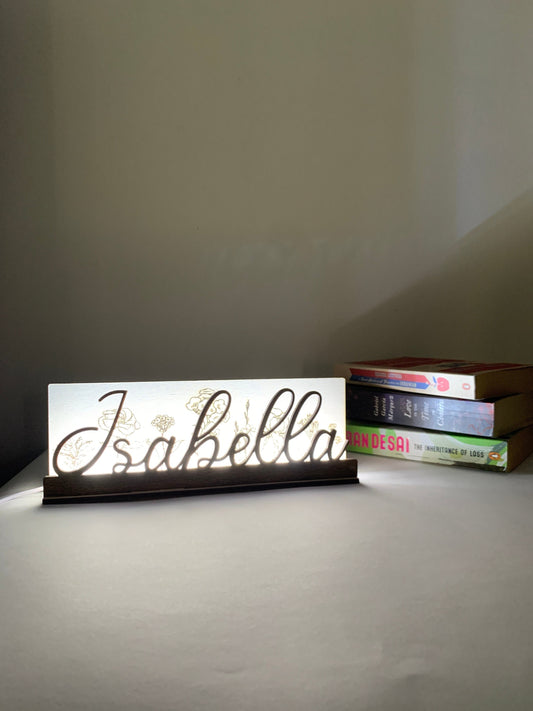 Name Light Wood Lamp Personalized Custom LED Lamp Floral Engraved Table Shade Lamp Flowers Theme Lamp Custom Message Nightlight Gift Sign