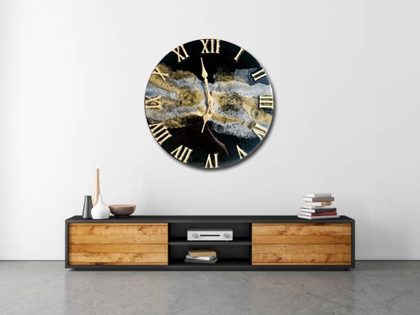 13.4&quot; Black Gold & Silver Resin Wall Clock, Resin Wall Art, Unique Home Decor First Home Gift Black Gold Silver Copper Resin Wall Art