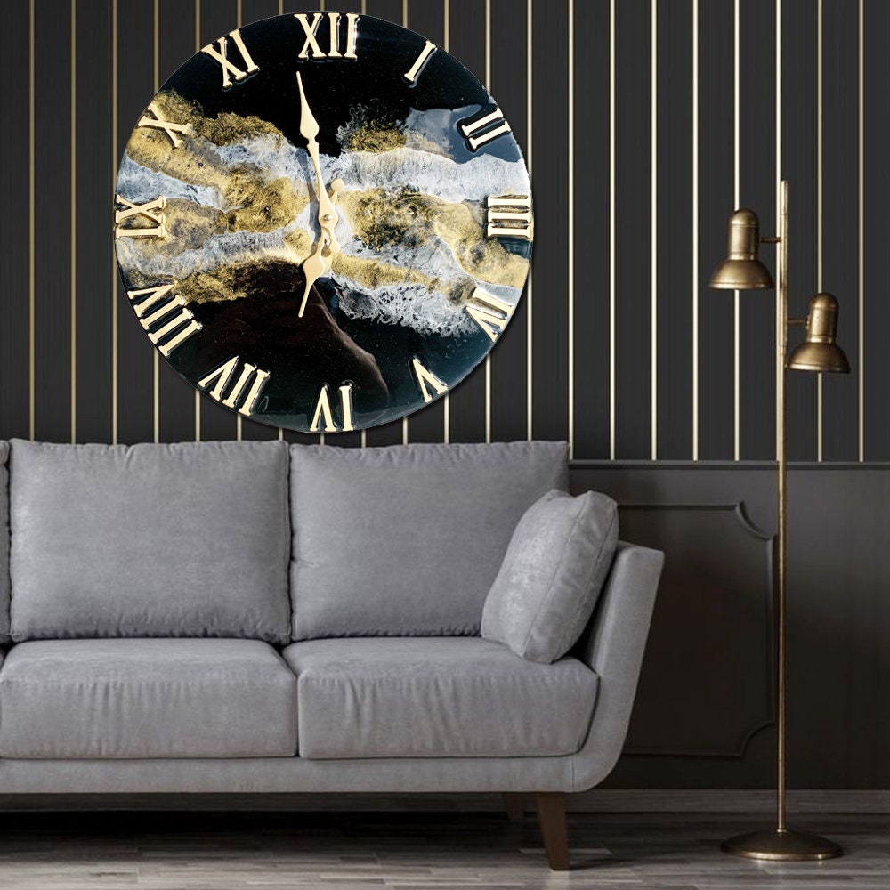 13.4&quot; Black Gold & Silver Resin Wall Clock, Resin Wall Art, Unique Home Decor First Home Gift Black Gold Silver Copper Resin Wall Art