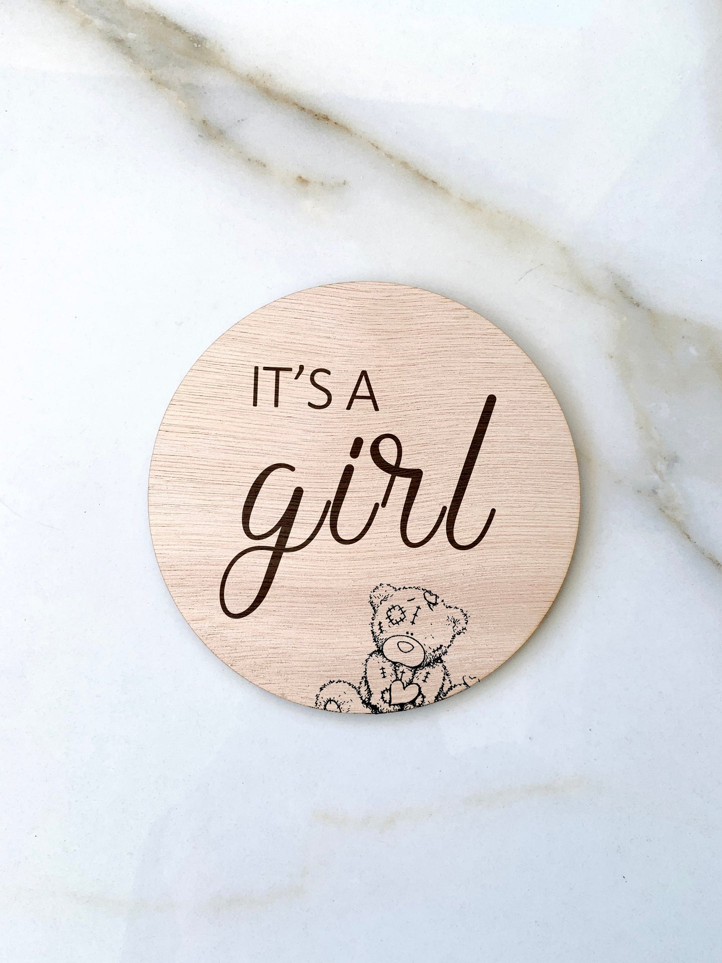 Wooden Baby Gender Reveal Sign Plaque - Engraved Bear Announcement Prop for Pregnancy Photo - It's a Boy It's a Girl - 5.5 inch