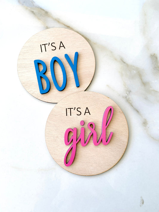 5.5&quot; Its a Boy Its a Girl Round Wood Plaque Baby Announcement Sign 3D Wooden Nursery Name Plaque Gender Pregnancy Reveal Baby Photo Prop Sign