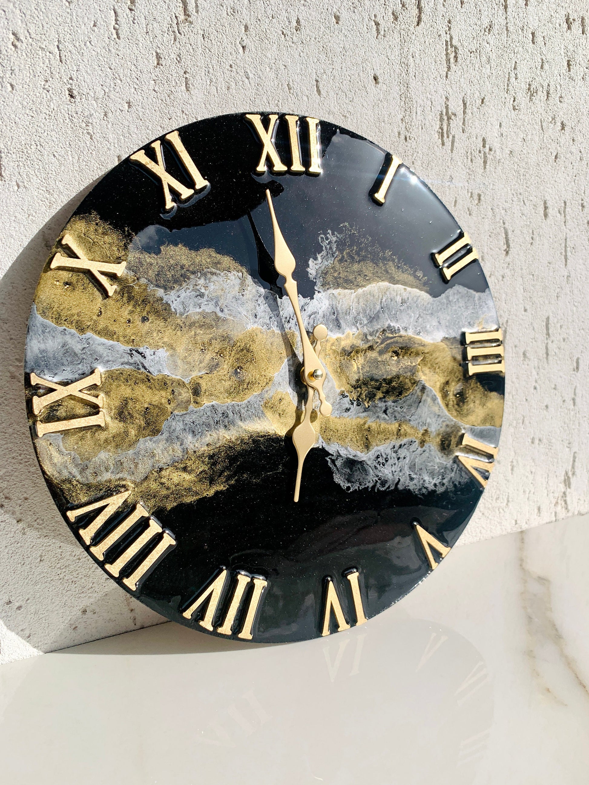 13.4&quot; Black Gold & Silver Resin Wall Clock, Resin Wall Art, Unique Home Decor First Home Gift Black Gold Silver Copper Resin Wall Art