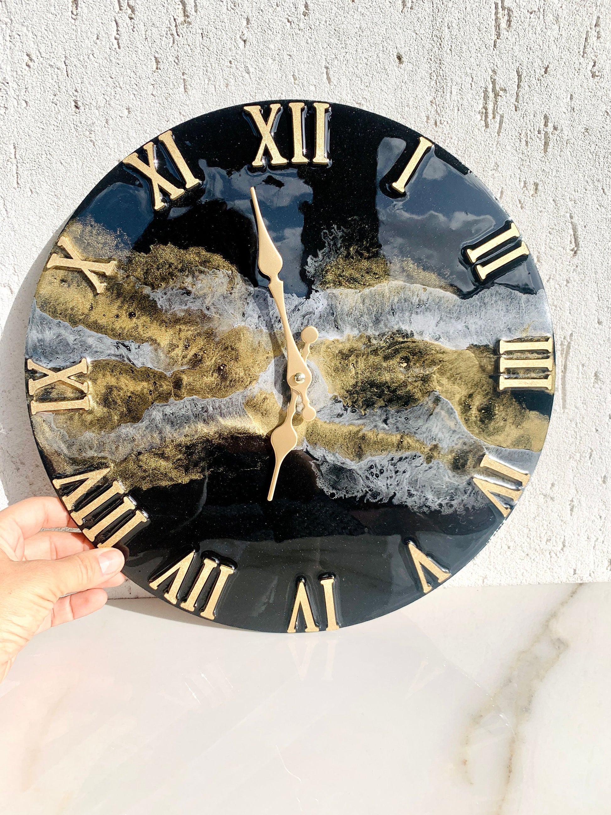 13.4&quot; Black Gold & Silver Resin Wall Clock, Resin Wall Art, Unique Home Decor First Home Gift Black Gold Silver Copper Resin Wall Art