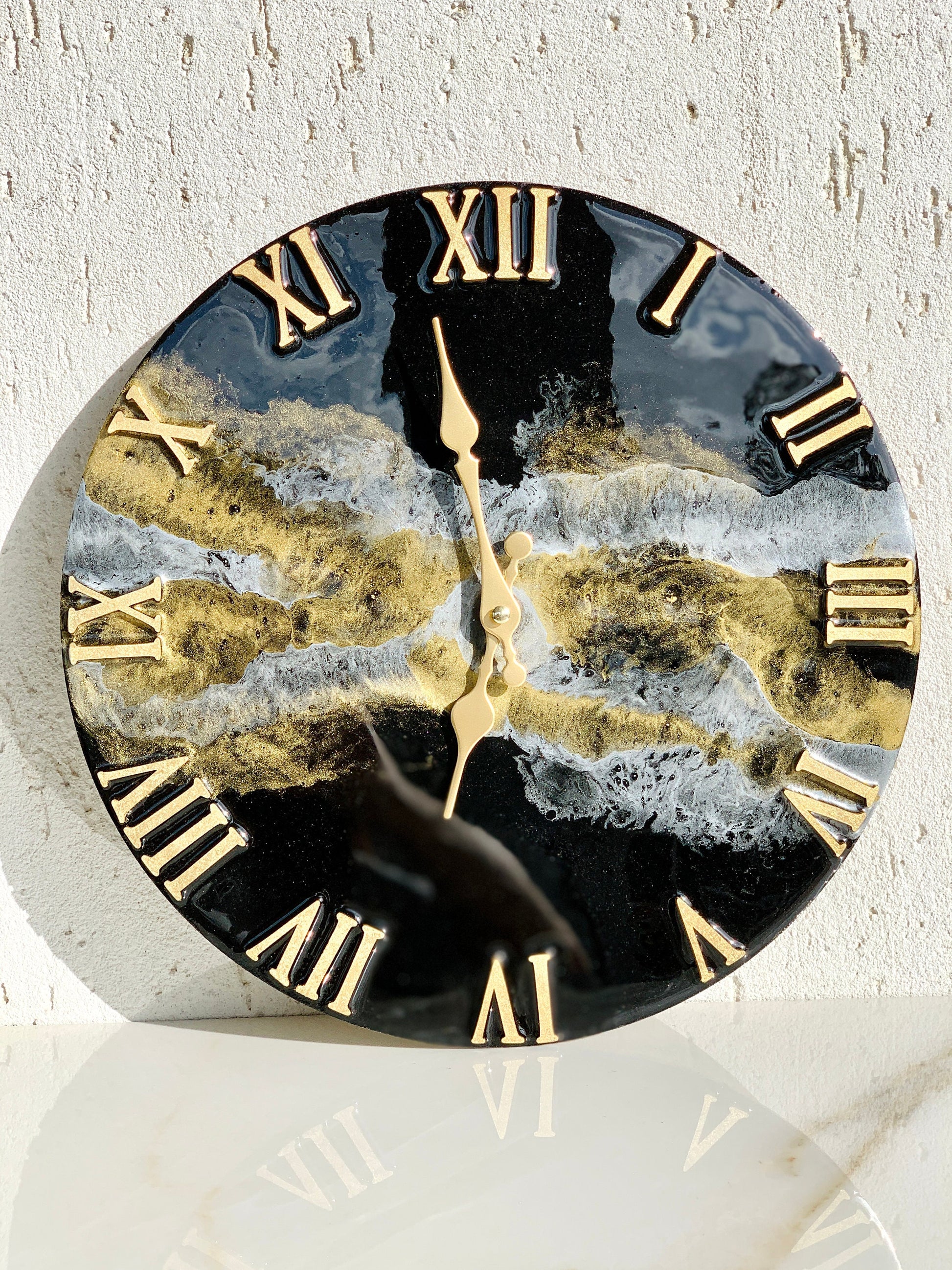 13.4&quot; Black Gold & Silver Resin Wall Clock, Resin Wall Art, Unique Home Decor First Home Gift Black Gold Silver Copper Resin Wall Art