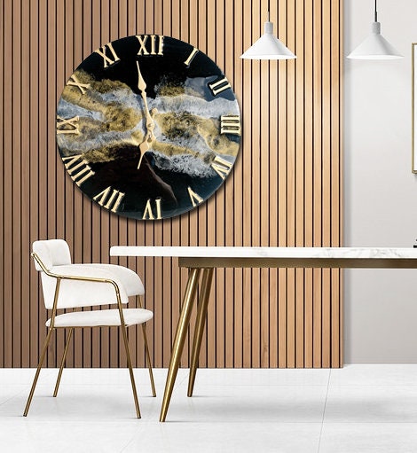 13.4&quot; Black Gold & Silver Resin Wall Clock, Resin Wall Art, Unique Home Decor First Home Gift Black Gold Silver Copper Resin Wall Art