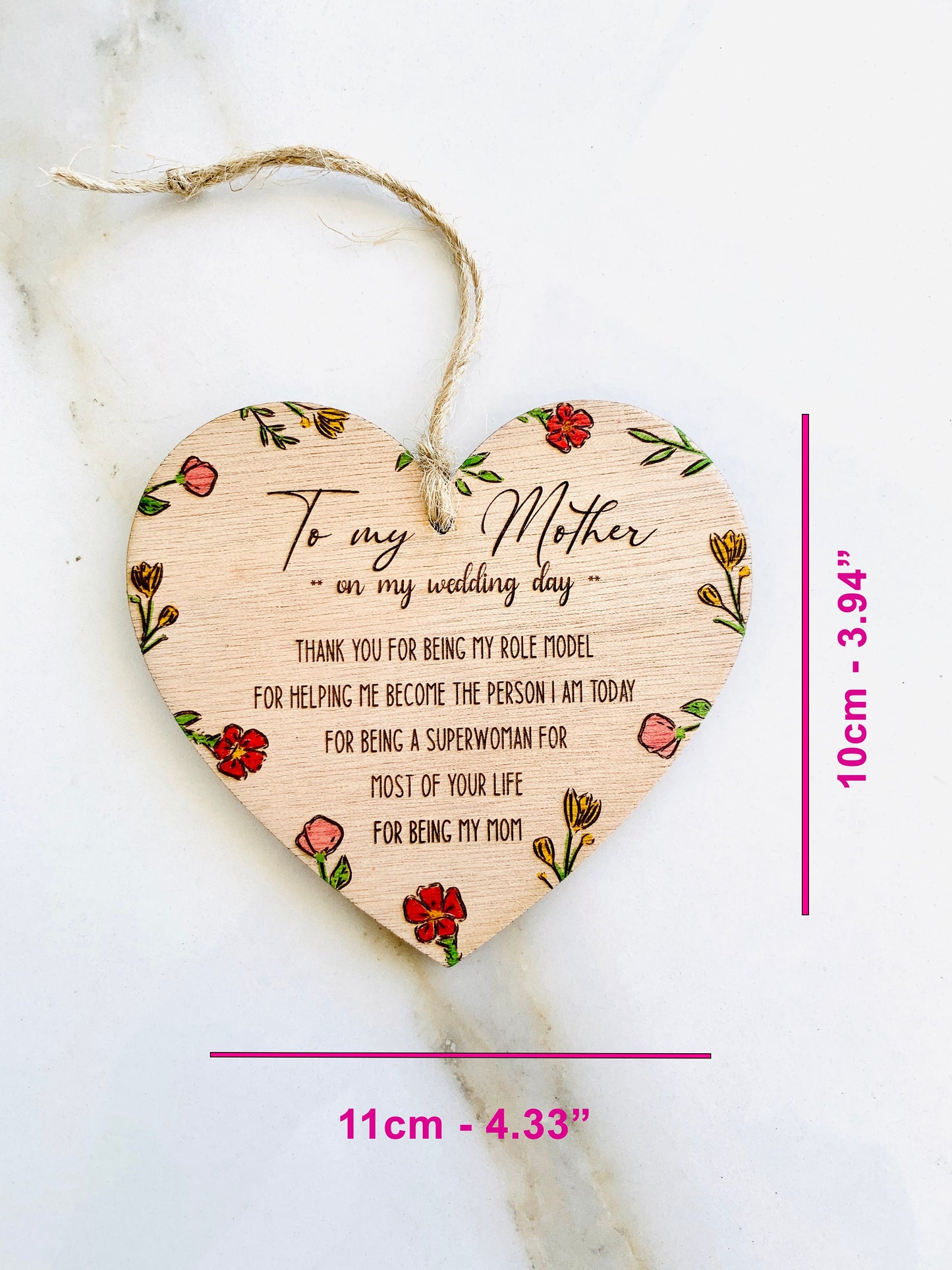 Mother of the Bride Gift, Hanging Wooden Heart Mum Gift On my wedding day Engraved Wood Keepsake Gift, Hen Party, Gift for mum, Gift for mom