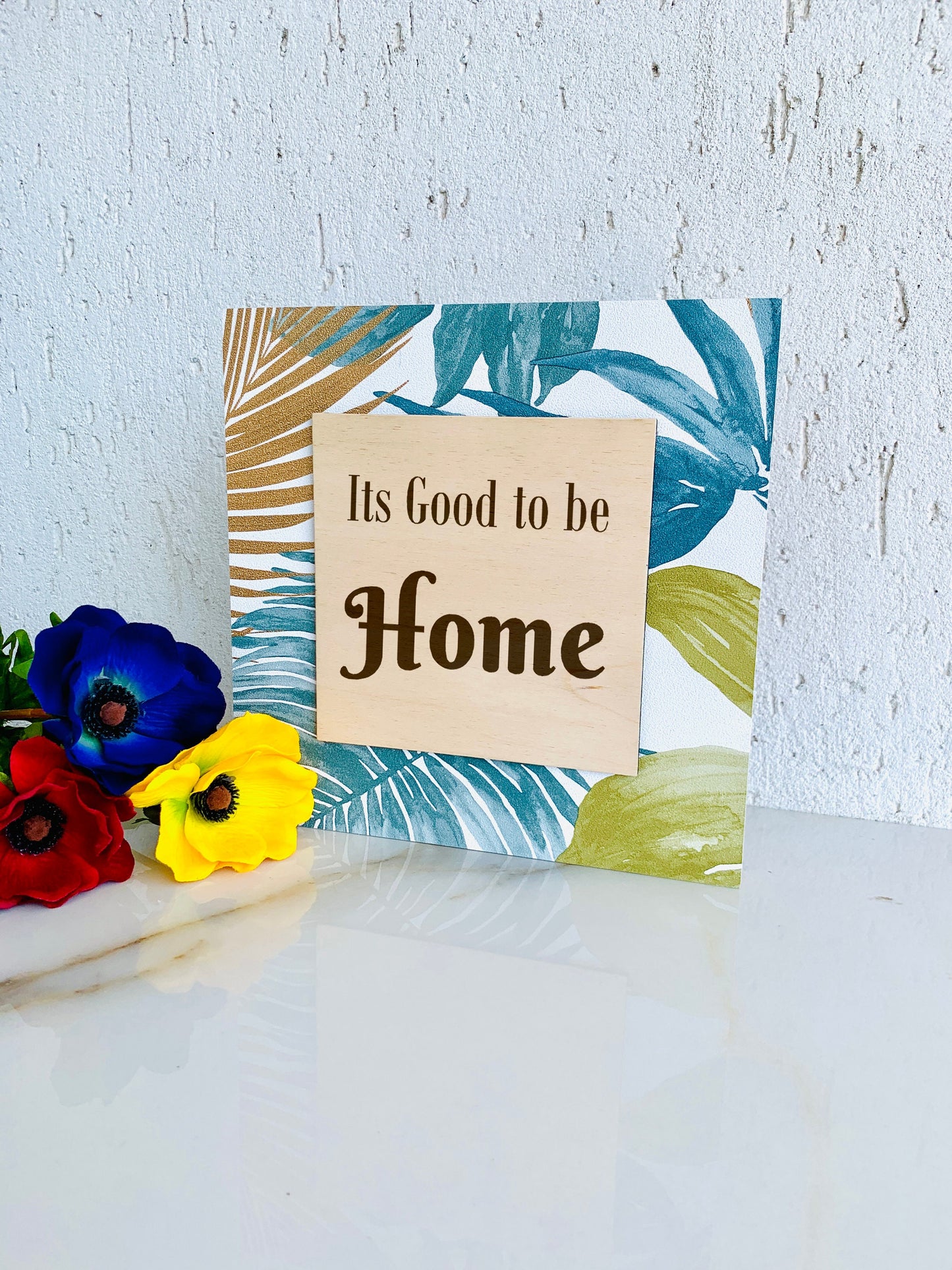 Wooden Floral Home Sign Tropical Floral Wreath Plaque, Marble Table Sign Home Sweet Home, No place like Home, Custom Freestanding Wood Sign