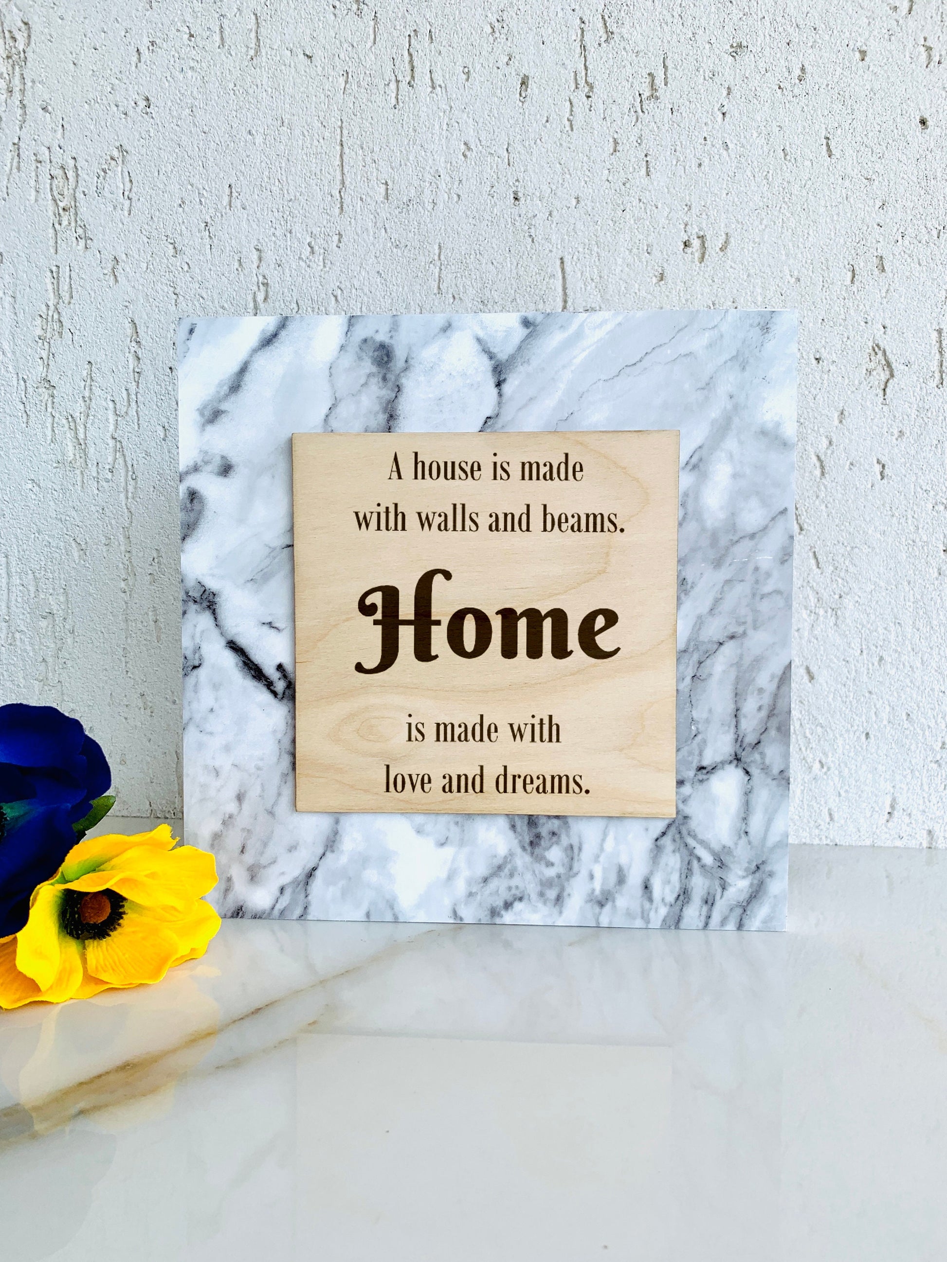 Wooden Floral Home Sign Tropical Floral Wreath Plaque, Marble Table Sign Home Sweet Home, No place like Home, Custom Freestanding Wood Sign