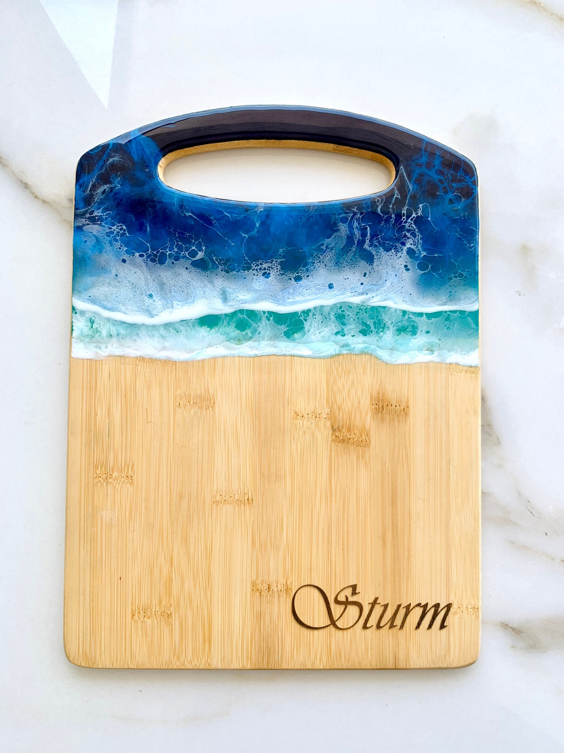 Ocean Resin Cutting Board Personalized, Ocean Chopping Cheese Board, Laser engraved Wood board. 3D Resin Ocean Art, Beach Waves Resin Board