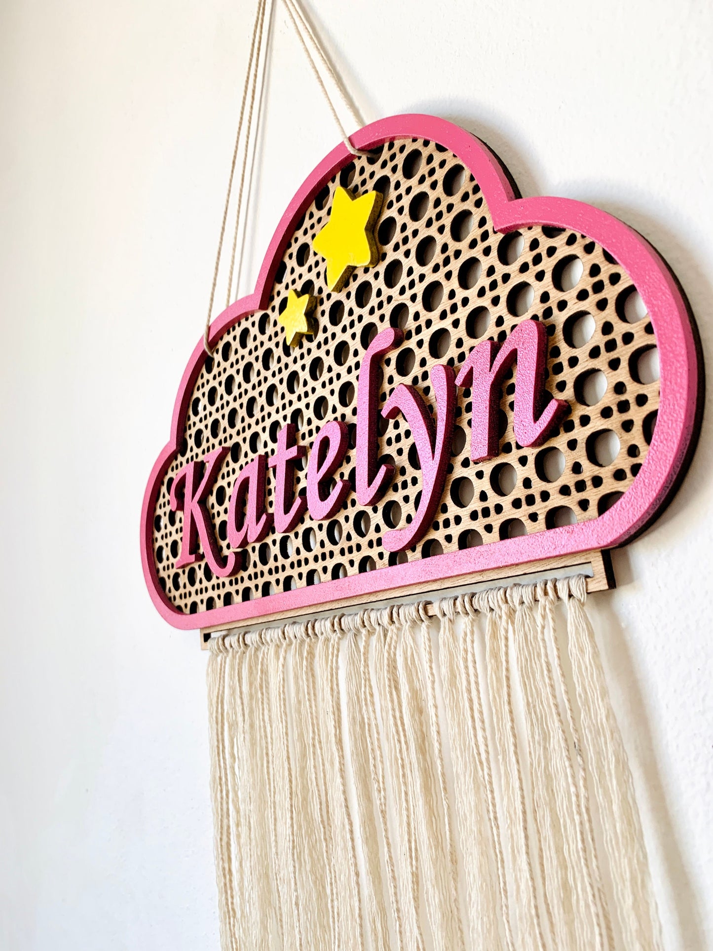 Cloud Baby Name Sign Rattan Personalized Nursery Wood Plaque Cane Webbing Macramé Newborn Room Décor, Name Wall Hanging Sign Door Name Sign