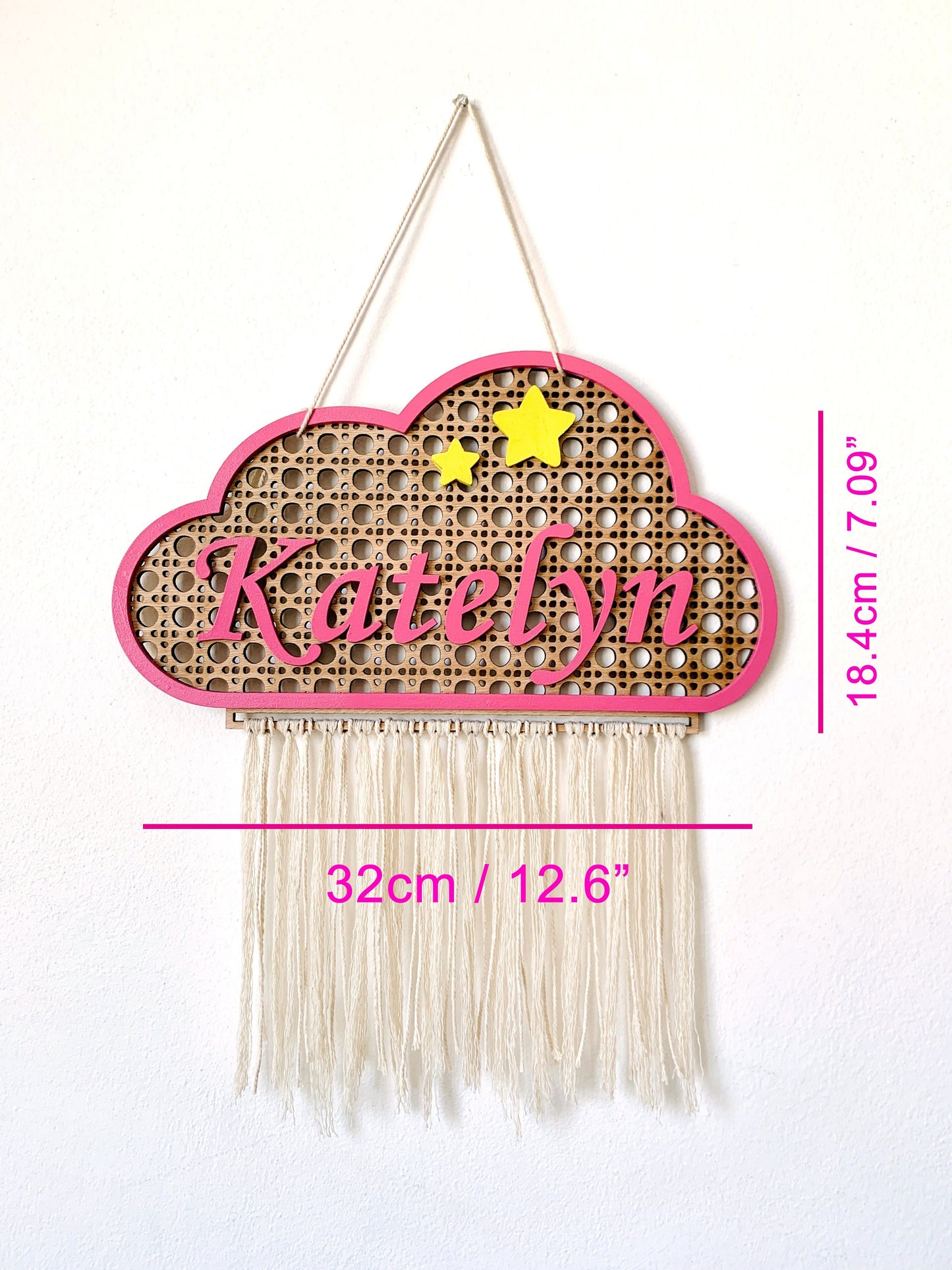 Cloud Baby Name Sign Rattan Personalized Nursery Wood Plaque Cane Webbing Macramé Newborn Room Décor, Name Wall Hanging Sign Door Name Sign