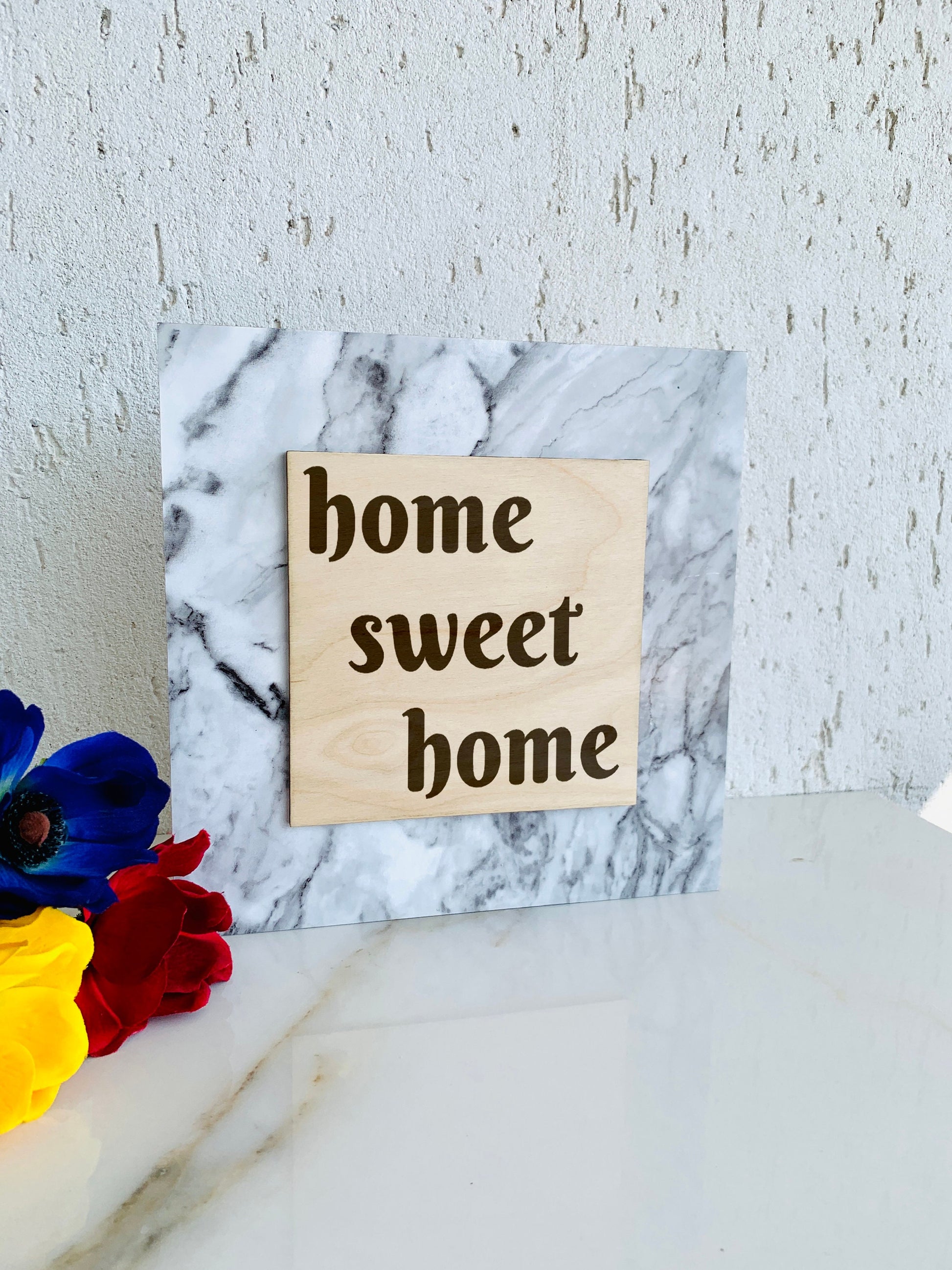 Wooden Floral Home Sign Tropical Floral Wreath Plaque, Marble Table Sign Home Sweet Home, No place like Home, Custom Freestanding Wood Sign