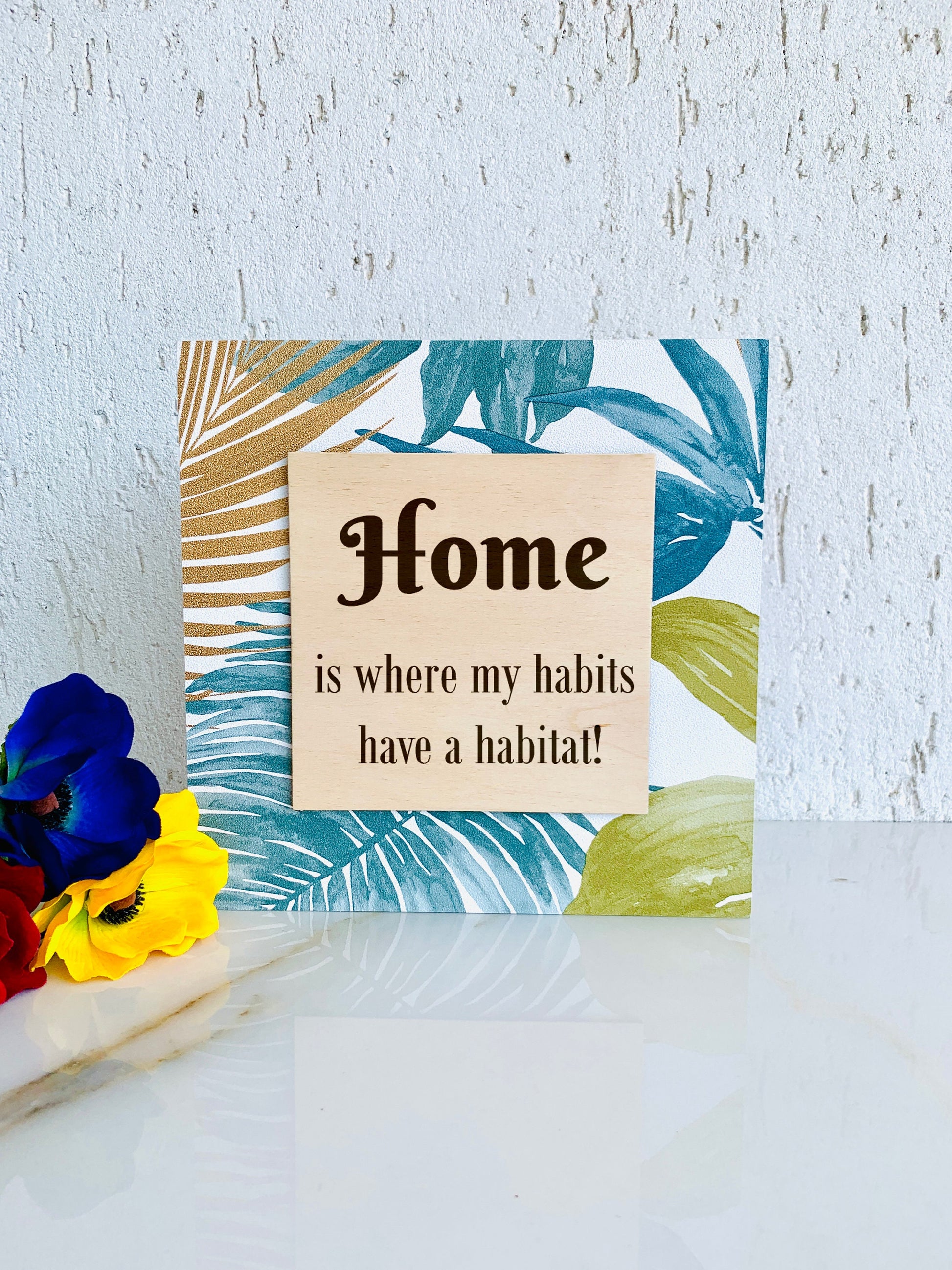 Wooden Floral Home Sign Tropical Floral Wreath Plaque, Marble Table Sign Home Sweet Home, No place like Home, Custom Freestanding Wood Sign