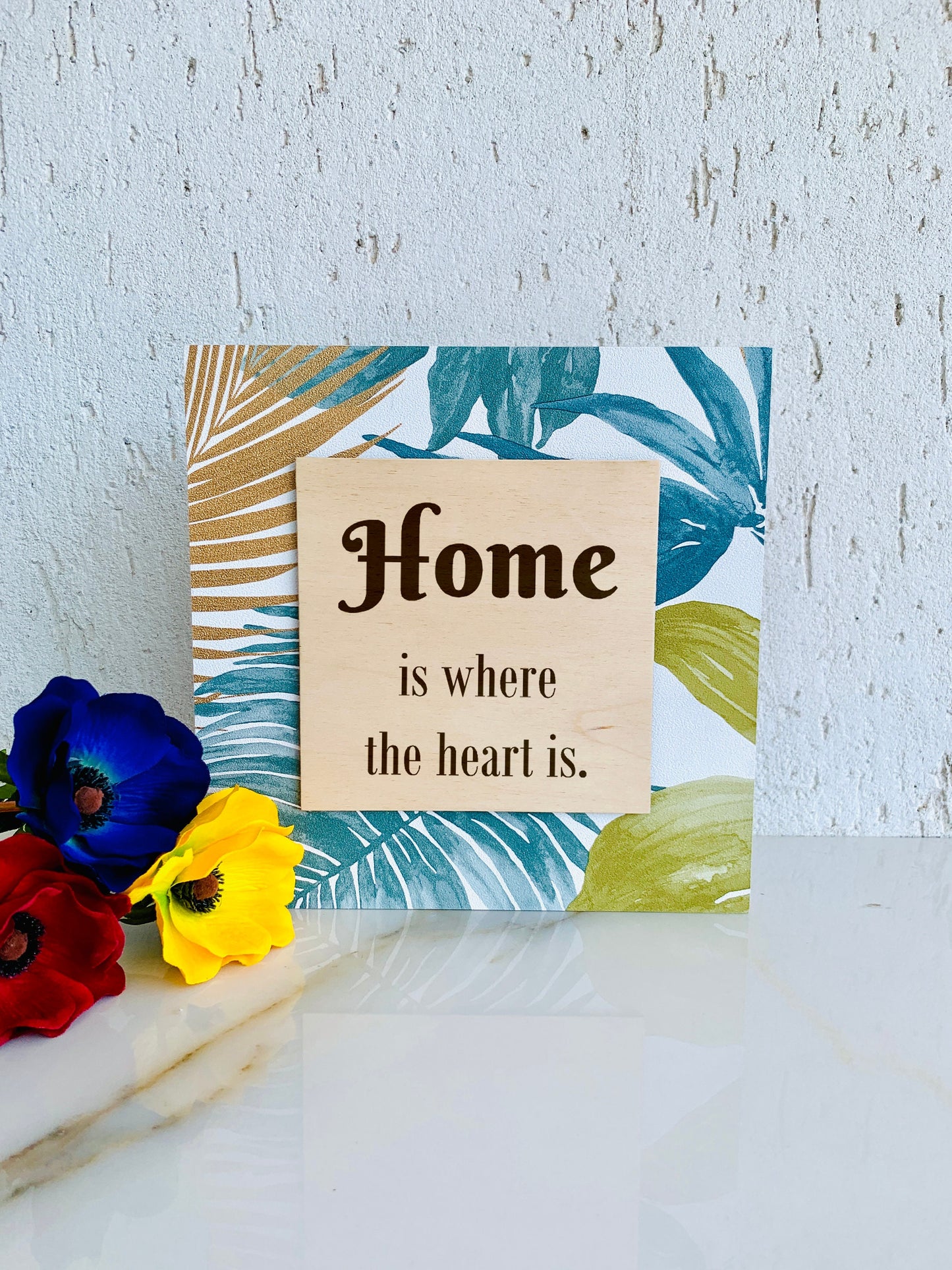 Wooden Floral Home Sign Tropical Floral Wreath Plaque, Marble Table Sign Home Sweet Home, No place like Home, Custom Freestanding Wood Sign