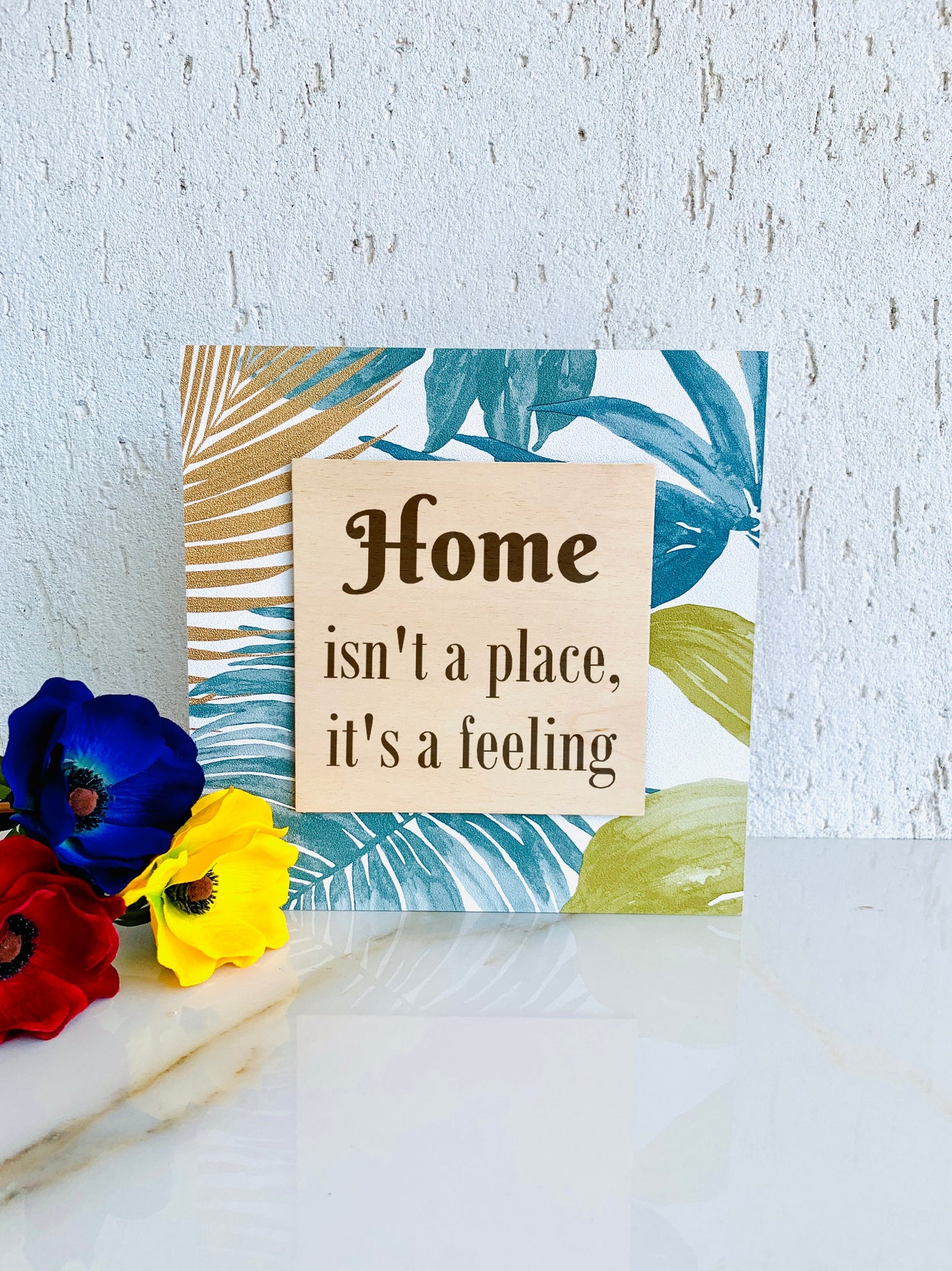 Wooden Floral Home Sign Tropical Floral Wreath Plaque, Marble Table Sign Home Sweet Home, No place like Home, Custom Freestanding Wood Sign