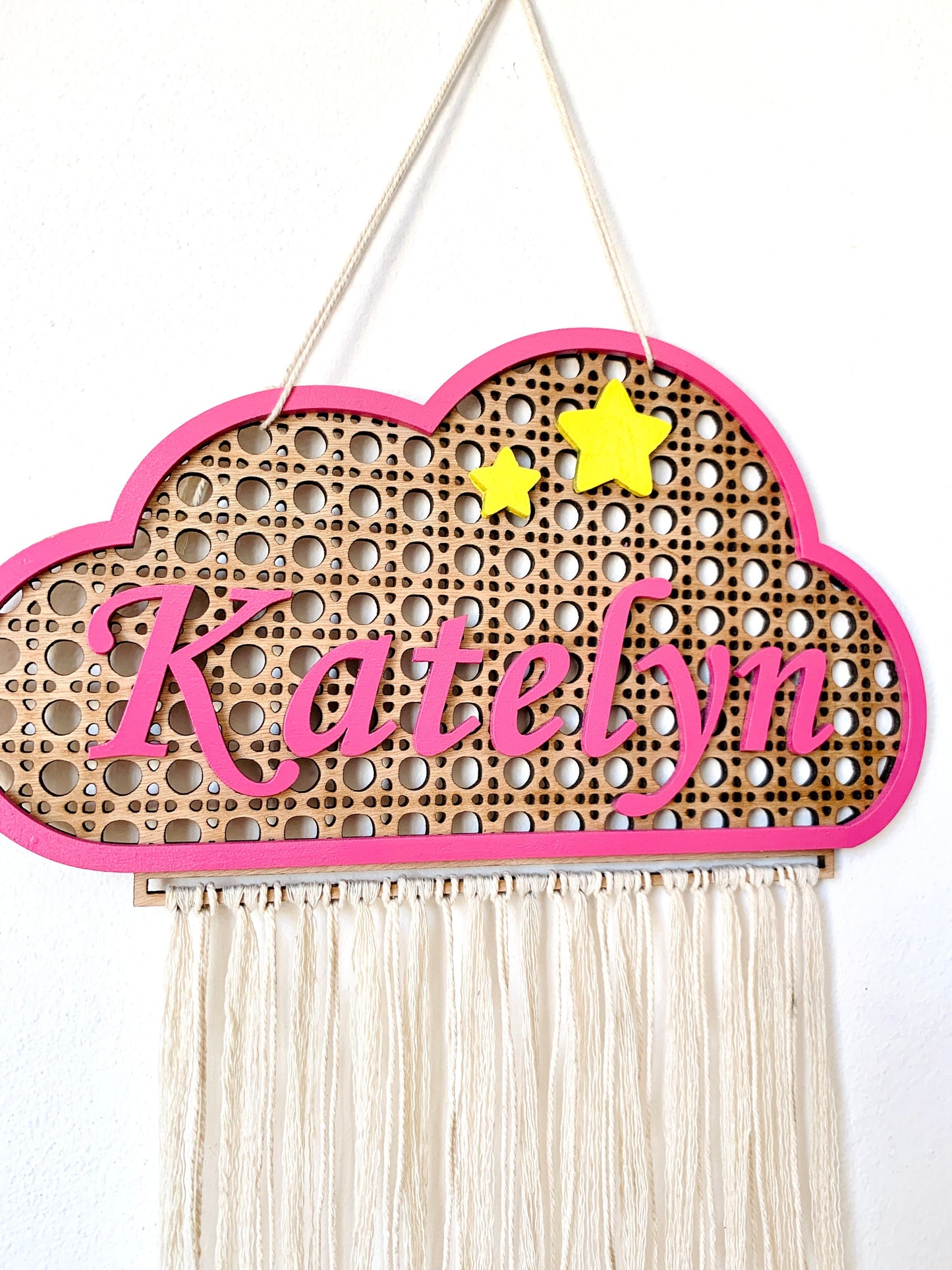 Cloud Baby Name Sign Rattan Personalized Nursery Wood Plaque Cane Webbing Macramé Newborn Room Décor, Name Wall Hanging Sign Door Name Sign