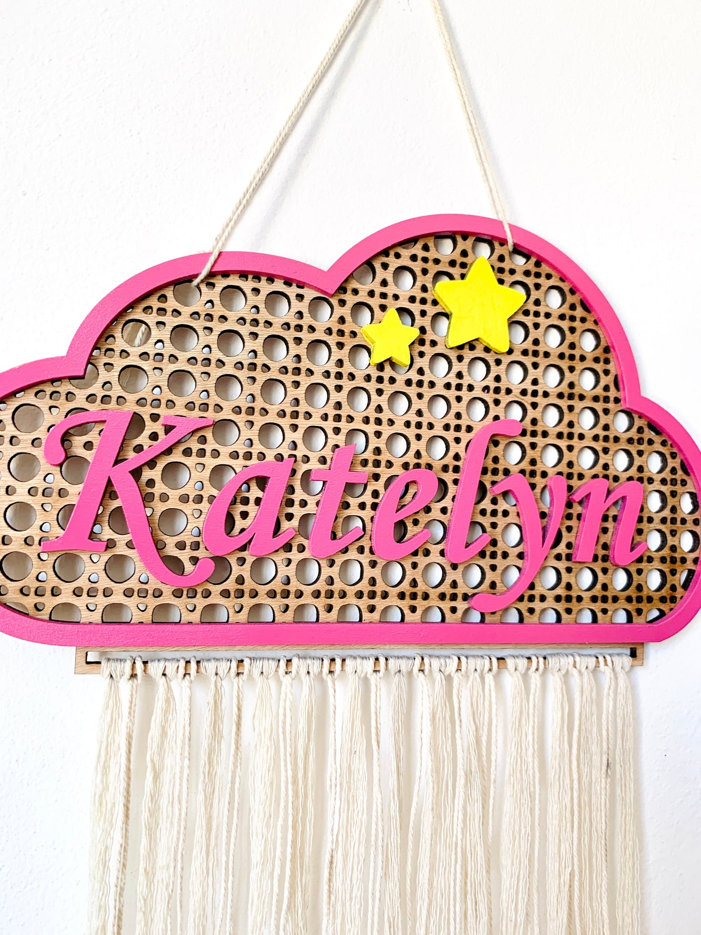 Cloud Baby Name Sign Rattan Personalized Nursery Wood Plaque Cane Webbing Macramé Newborn Room Décor, Name Wall Hanging Sign Door Name Sign