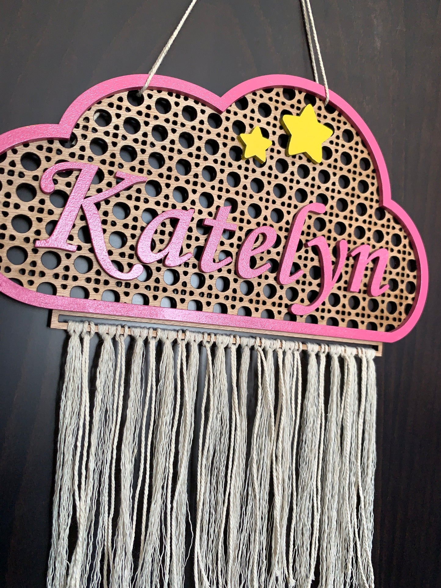 Cloud Baby Name Sign Rattan Personalized Nursery Wood Plaque Cane Webbing Macramé Newborn Room Décor, Name Wall Hanging Sign Door Name Sign