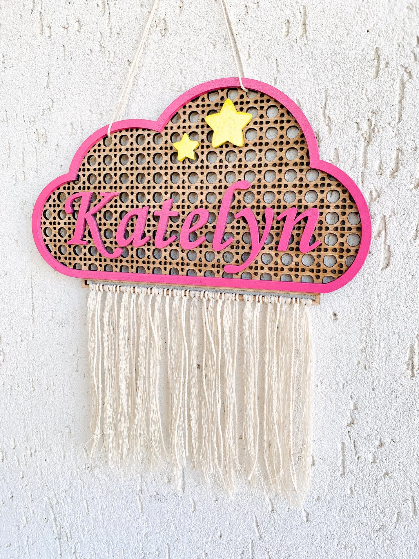 Cloud Baby Name Sign Rattan Personalized Nursery Wood Plaque Cane Webbing Macramé Newborn Room Décor, Name Wall Hanging Sign Door Name Sign