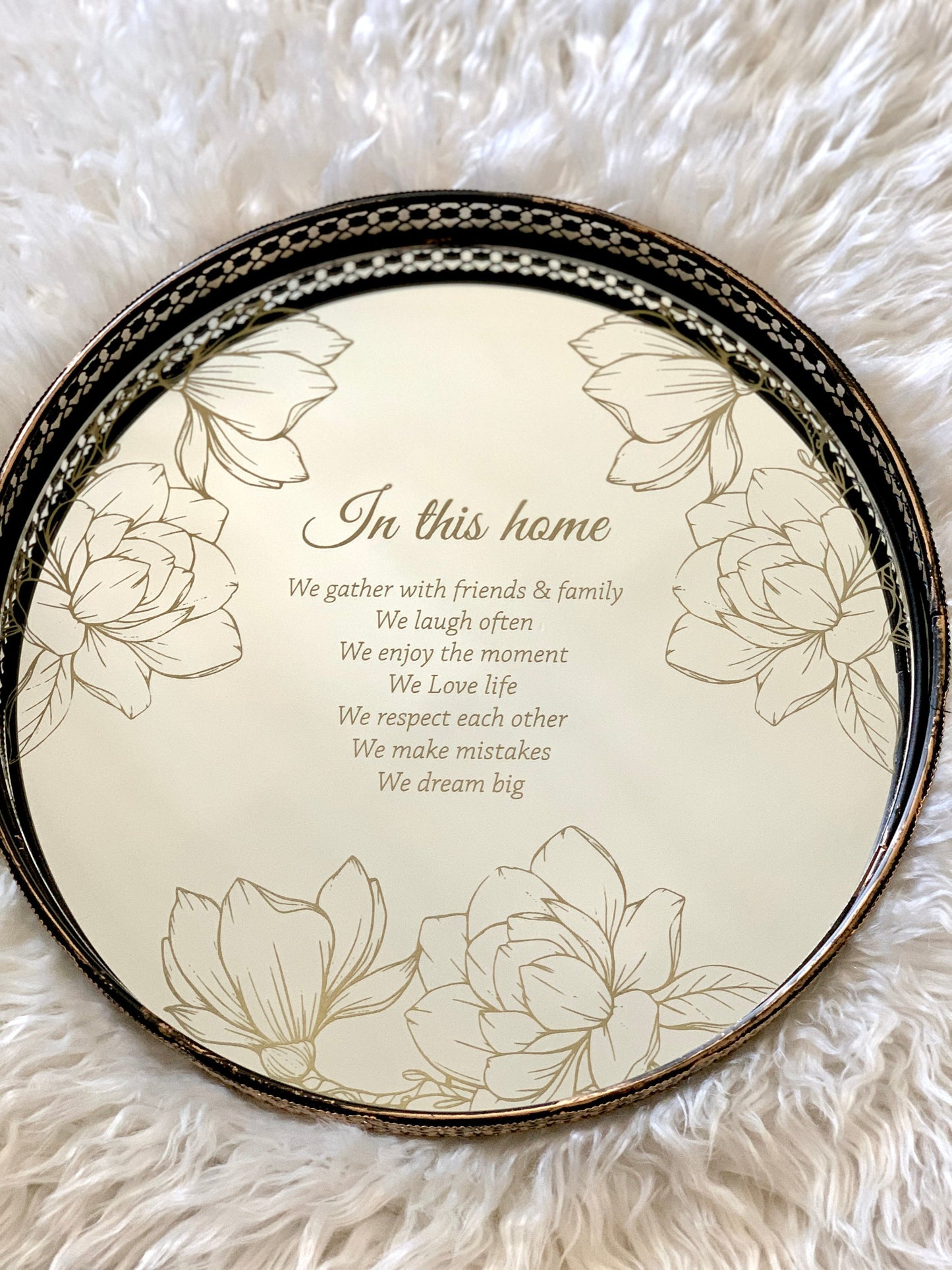 Personalized Round Mirror Vanity Tray Custom Jewelry Tray Etched Mirror Candle Holder Engraved Magnolias Home Quote Ottoman Tray Table Decor