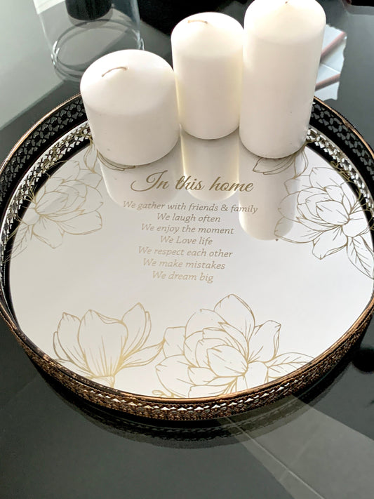 Personalized Round Mirror Vanity Tray Custom Jewelry Tray Etched Mirror Candle Holder Engraved Magnolias Home Quote Ottoman Tray Table Decor