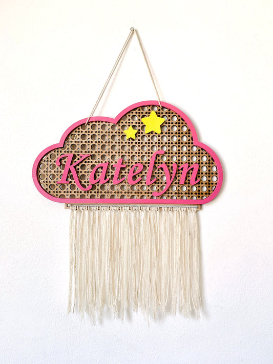 Cloud Baby Name Sign Rattan Personalized Nursery Wood Plaque Cane Webbing Macramé Newborn Room Décor, Name Wall Hanging Sign Door Name Sign