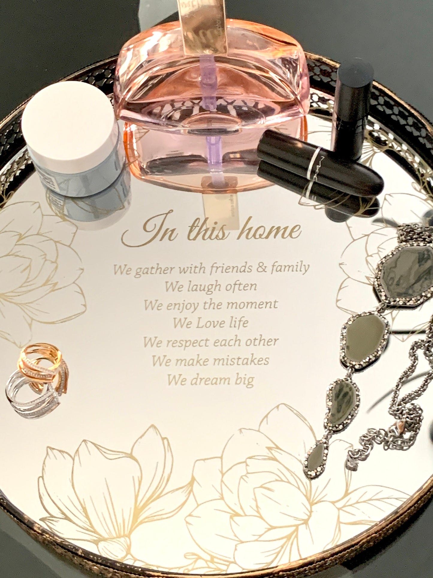 Personalized Round Mirror Vanity Tray Custom Jewelry Tray Etched Mirror Candle Holder Engraved Magnolias Home Quote Ottoman Tray Table Decor