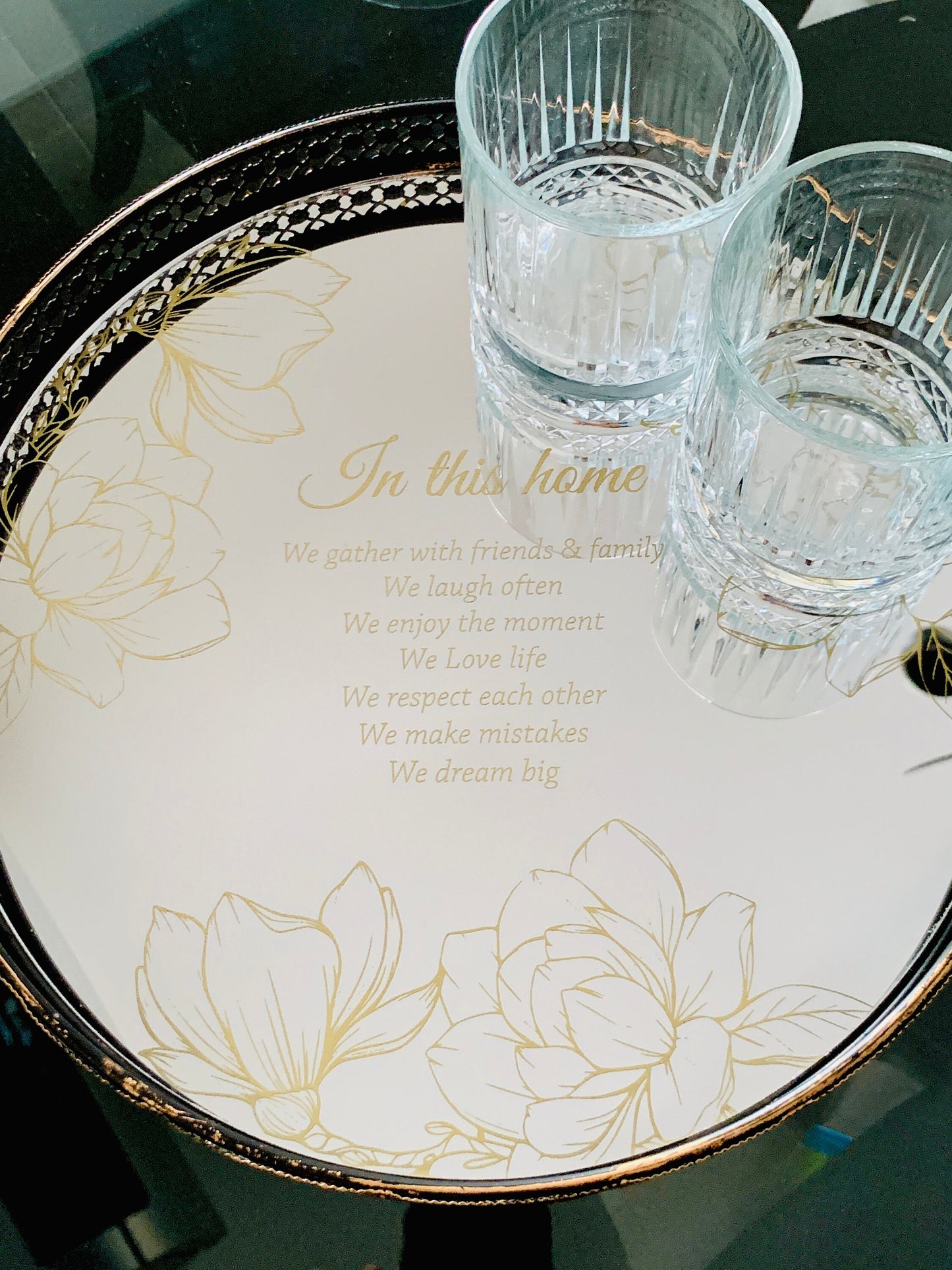 Personalized Round Mirror Vanity Tray Custom Jewelry Tray Etched Mirror Candle Holder Engraved Magnolias Home Quote Ottoman Tray Table Decor