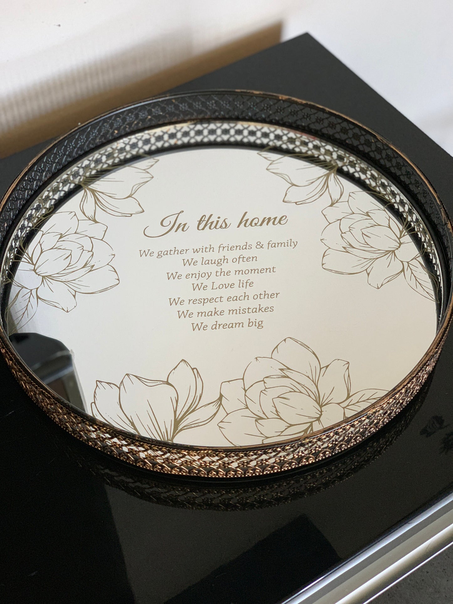 Personalized Round Mirror Vanity Tray Custom Jewelry Tray Etched Mirror Candle Holder Engraved Magnolias Home Quote Ottoman Tray Table Decor