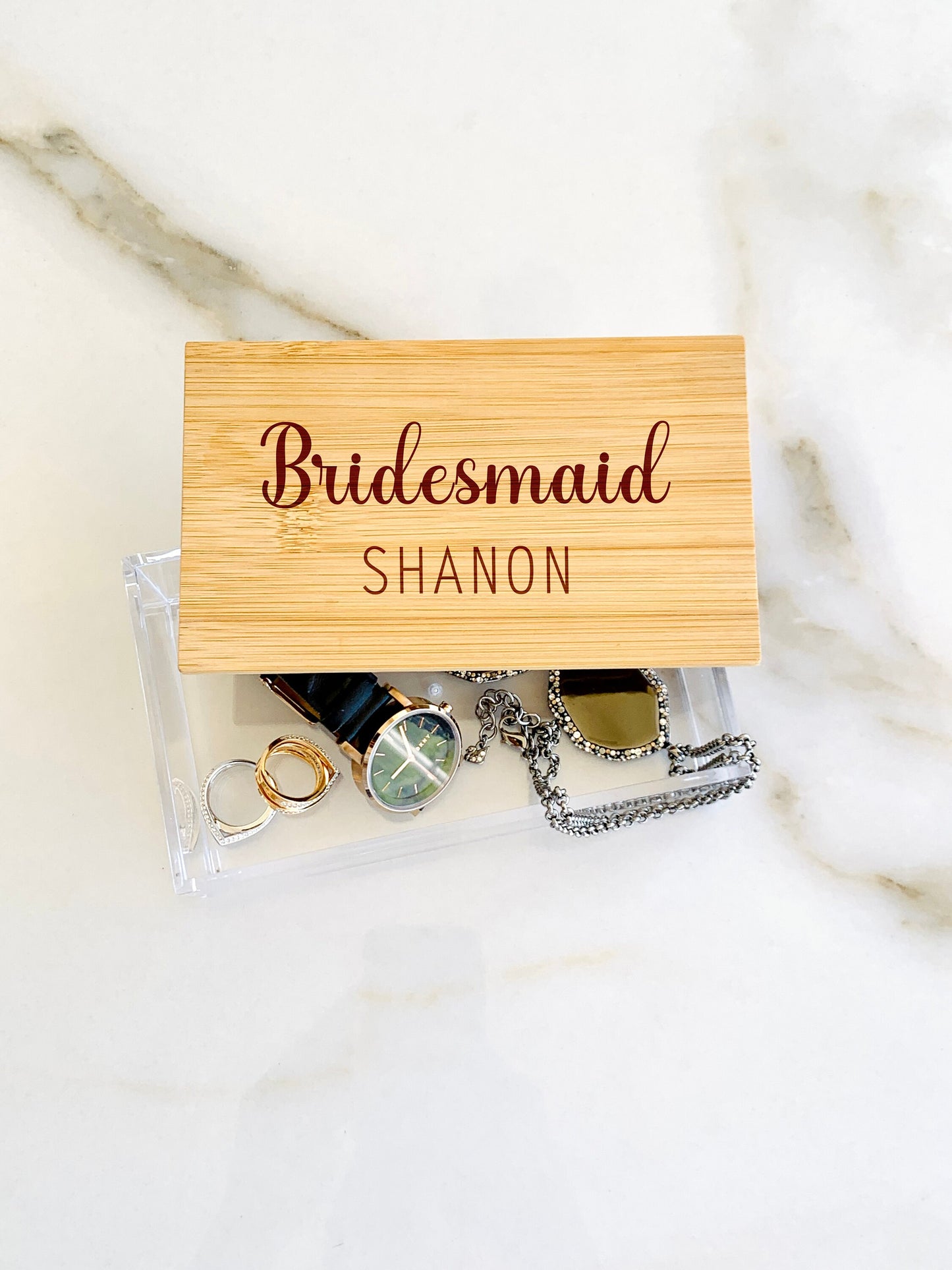 Cosmetic Jewelry Box Personalized Bridesmaids Names Bamboo Acrylic Box Engraved, Maid of Honor Gift, Bridal Shower Favors Bachelorette