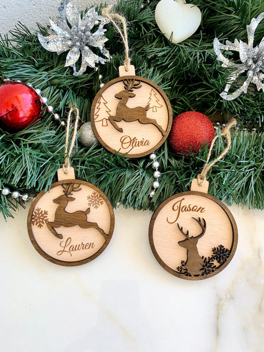 Reindeer Name Ornament Personalized Christmas Reindeer Laser Cut Snowflakes 3D Custom Wood Bauble Xmas 2022 Handmade Wood Hanging Tree Decor