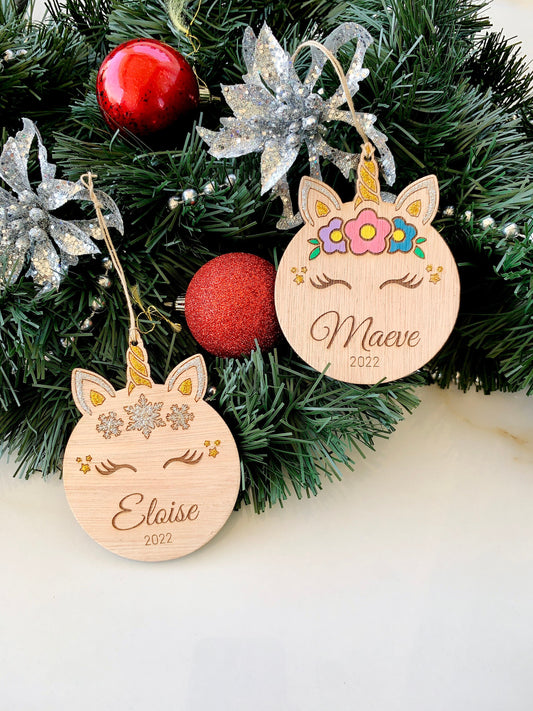 Unicorn Name Ornament Personalized Girl Christmas Unicorn Name Tag Laser Cut 3D Custom Wood Bauble Xmas 2022 Unicorn Wood Hanging Tree Decor