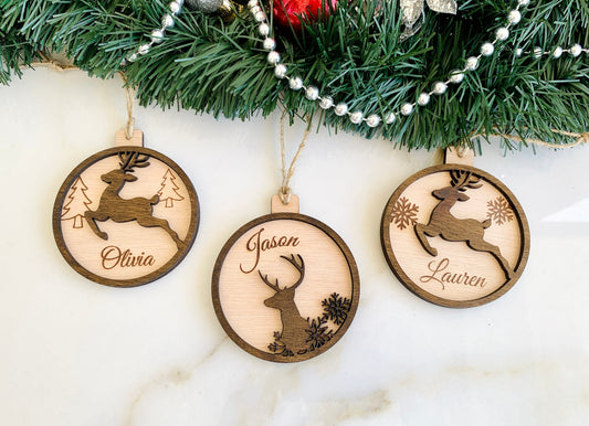 Personalized Wooden Reindeer Christmas Ornaments, Christmas Decor Name Tags Place Settings, Wood Stag Rundolf Ornament, Xmas Hanging Decor