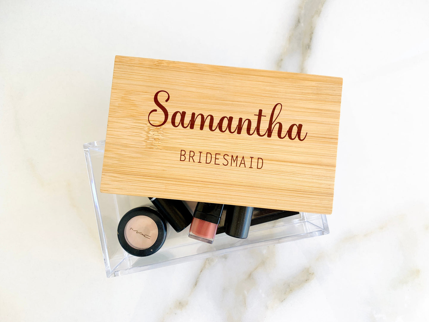 Cosmetic Jewelry Box Personalized Bridesmaids Names Bamboo Acrylic Box Engraved, Maid of Honor Gift, Bridal Shower Favors Bachelorette