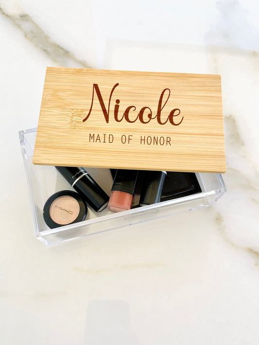 Cosmetic Jewelry Box Personalized Bridesmaids Names Bamboo Acrylic Box Engraved, Maid of Honor Gift, Bridal Shower Favors Bachelorette