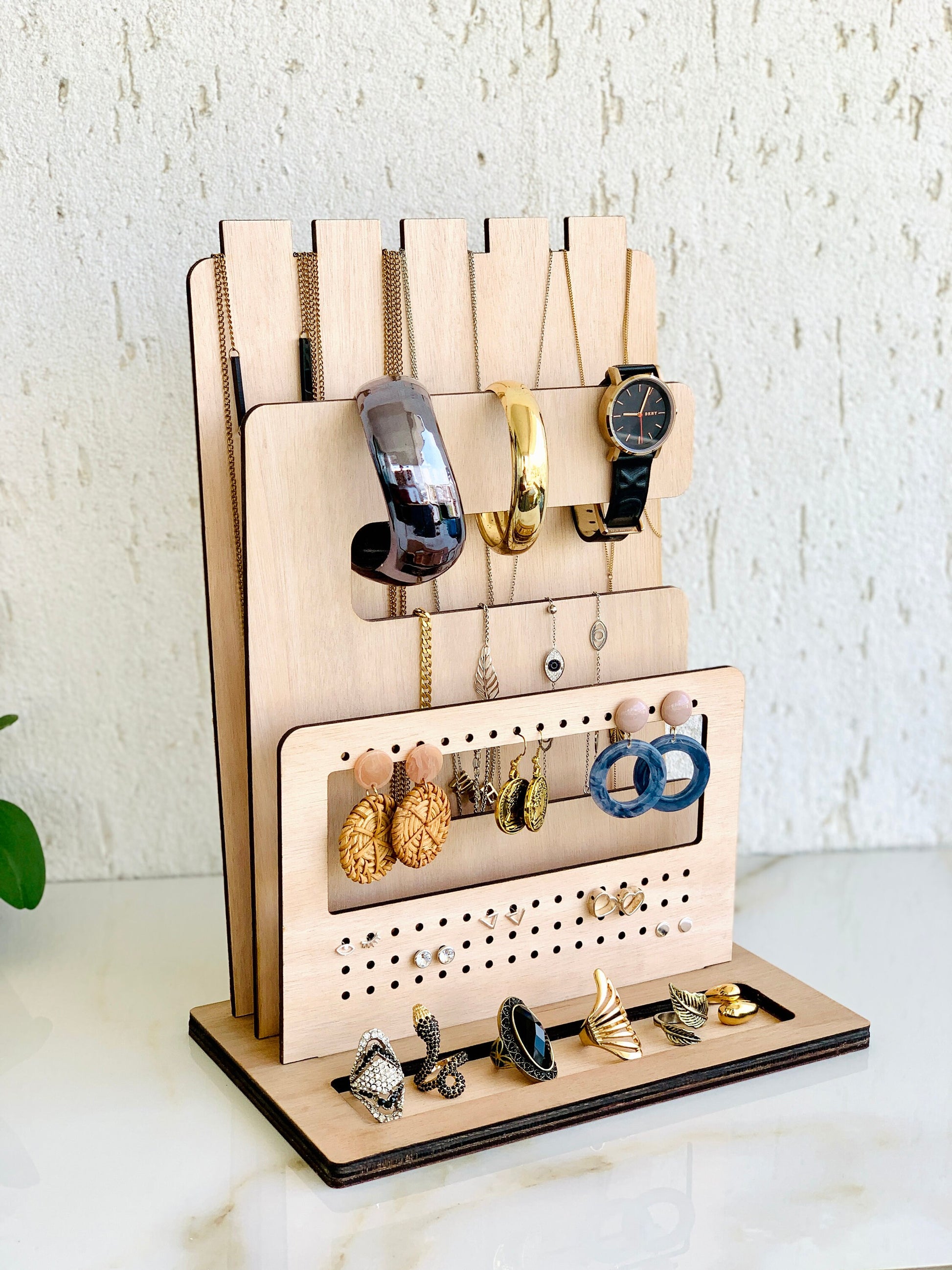 Jewelry Wood Stand Organizer, Rings Necklaces Bracelets Earrings Organizer, Nightstand Jewelry Holder, Water resistant Wood Jewelry Display, Earrings Holder