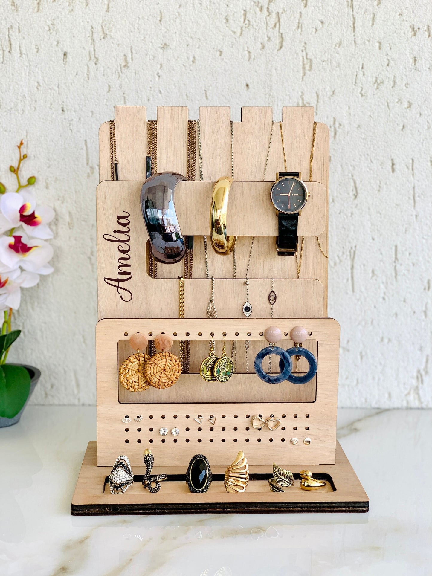 Jewelry Wood Stand Organizer Personalized Rings Necklaces Bracelets Earrings Organizer, Nightstand Jewelry Holder, Wood Jewelry Display