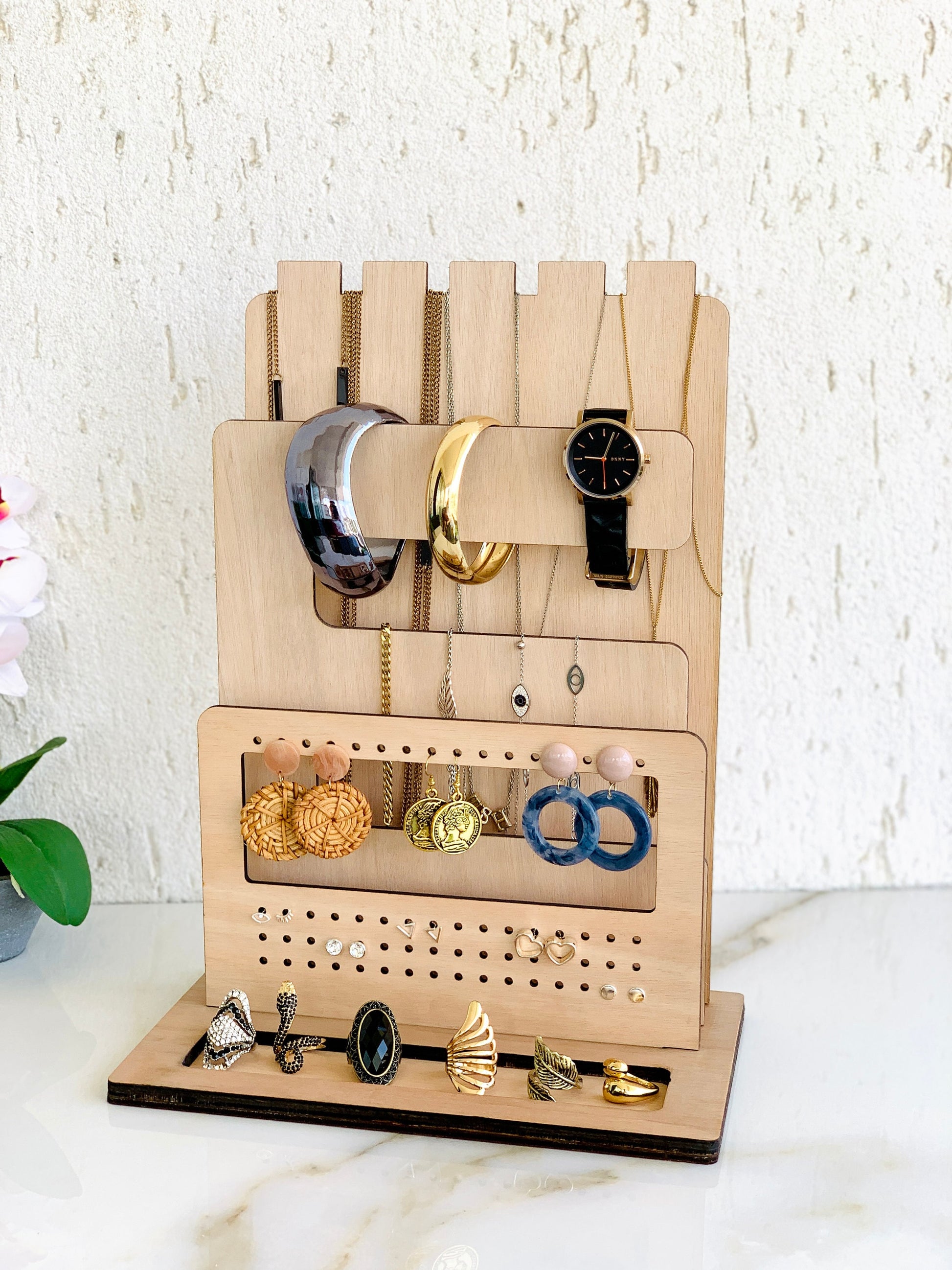 Jewelry Wood Stand Organizer, Rings Necklaces Bracelets Earrings Organizer, Nightstand Jewelry Holder, Water resistant Wood Jewelry Display, Earrings Holder