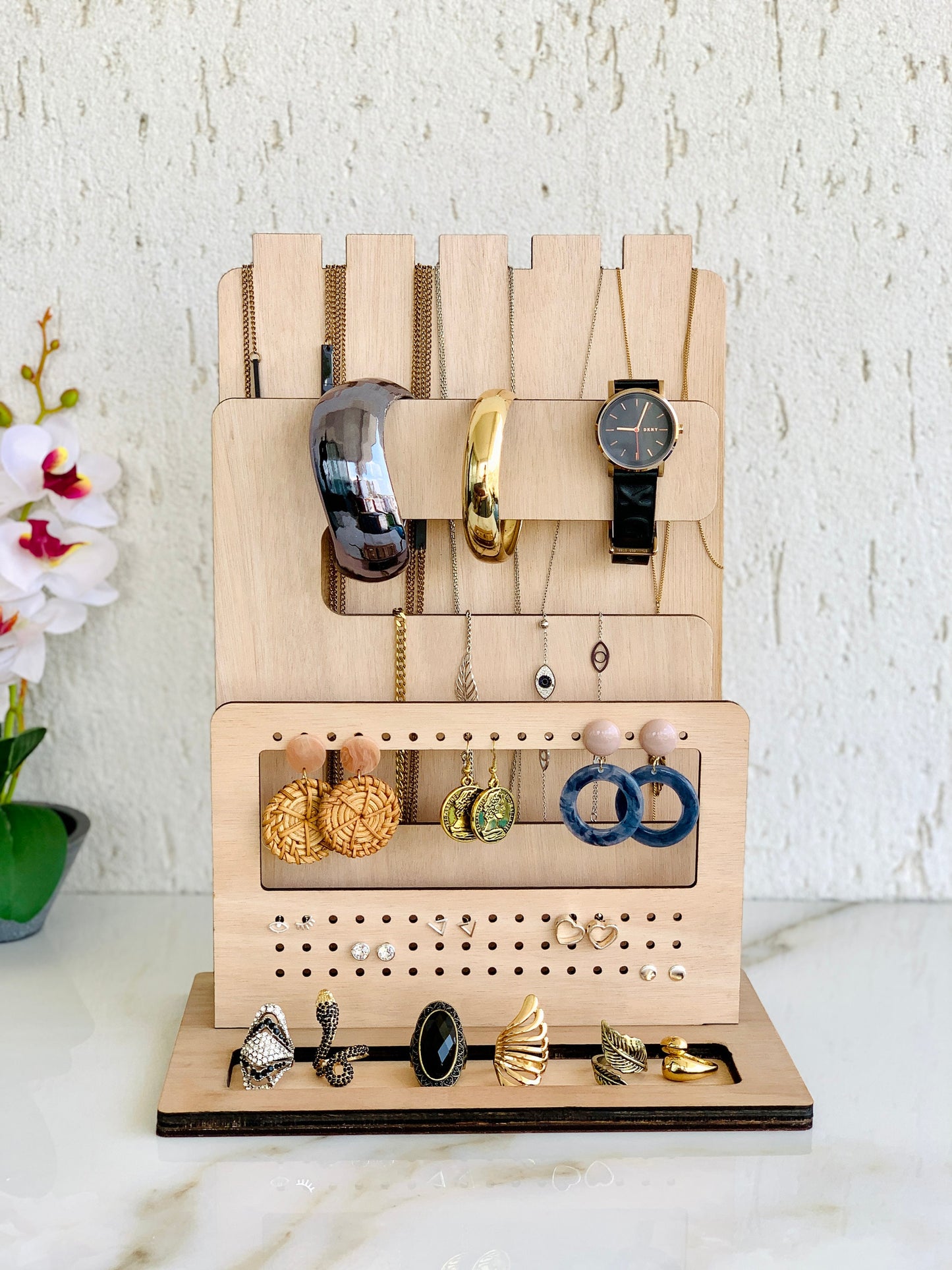 Jewelry Wood Stand Organizer, Rings Necklaces Bracelets Earrings Organizer, Nightstand Jewelry Holder, Water resistant Wood Jewelry Display, Earrings Holder