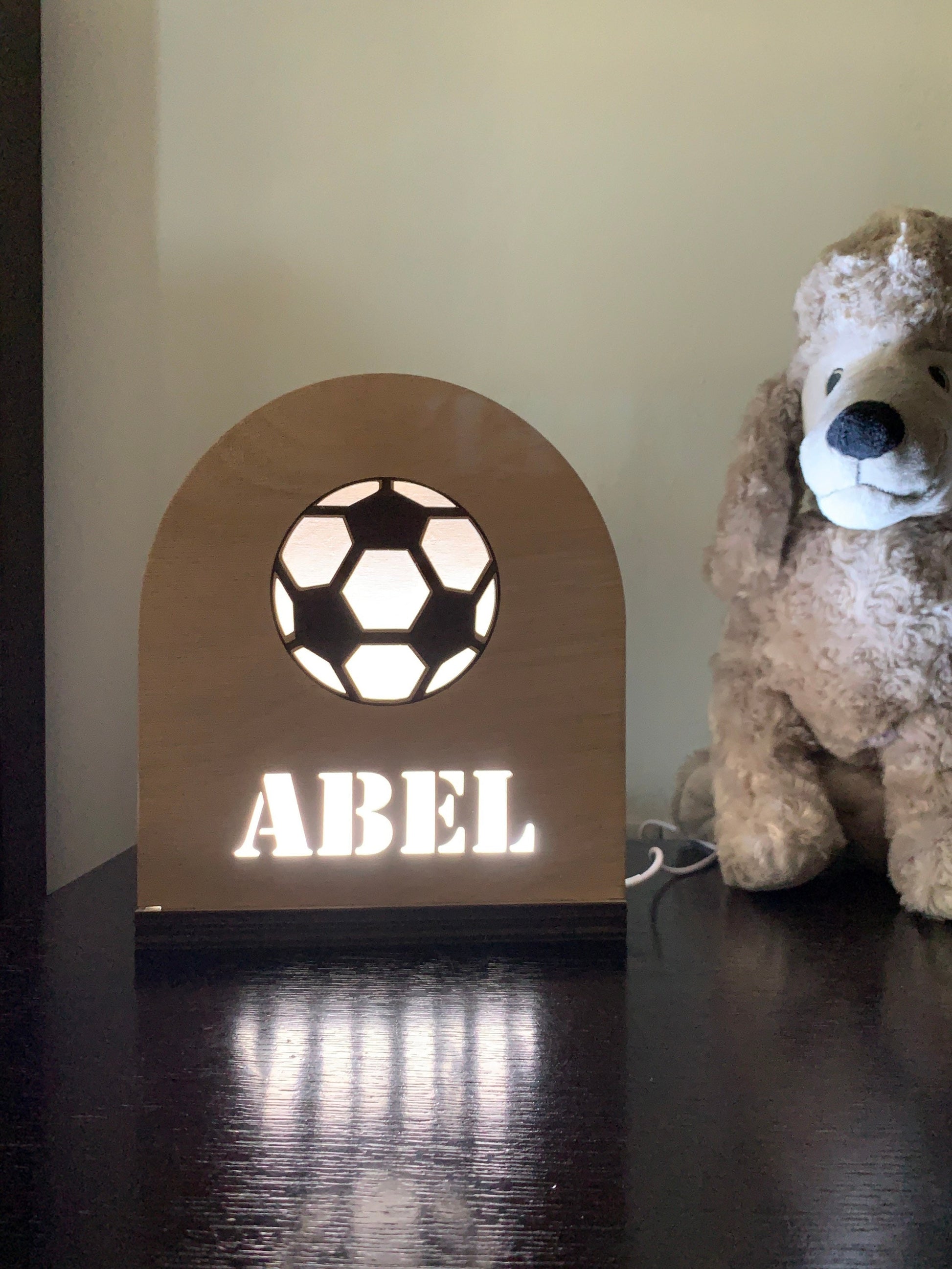 Football LED Lamp Personalized Football Bedside Nightlight, Boys Wood Table Lamp, Soccer Lamp Gift, Name Nursery Kids Room Decor